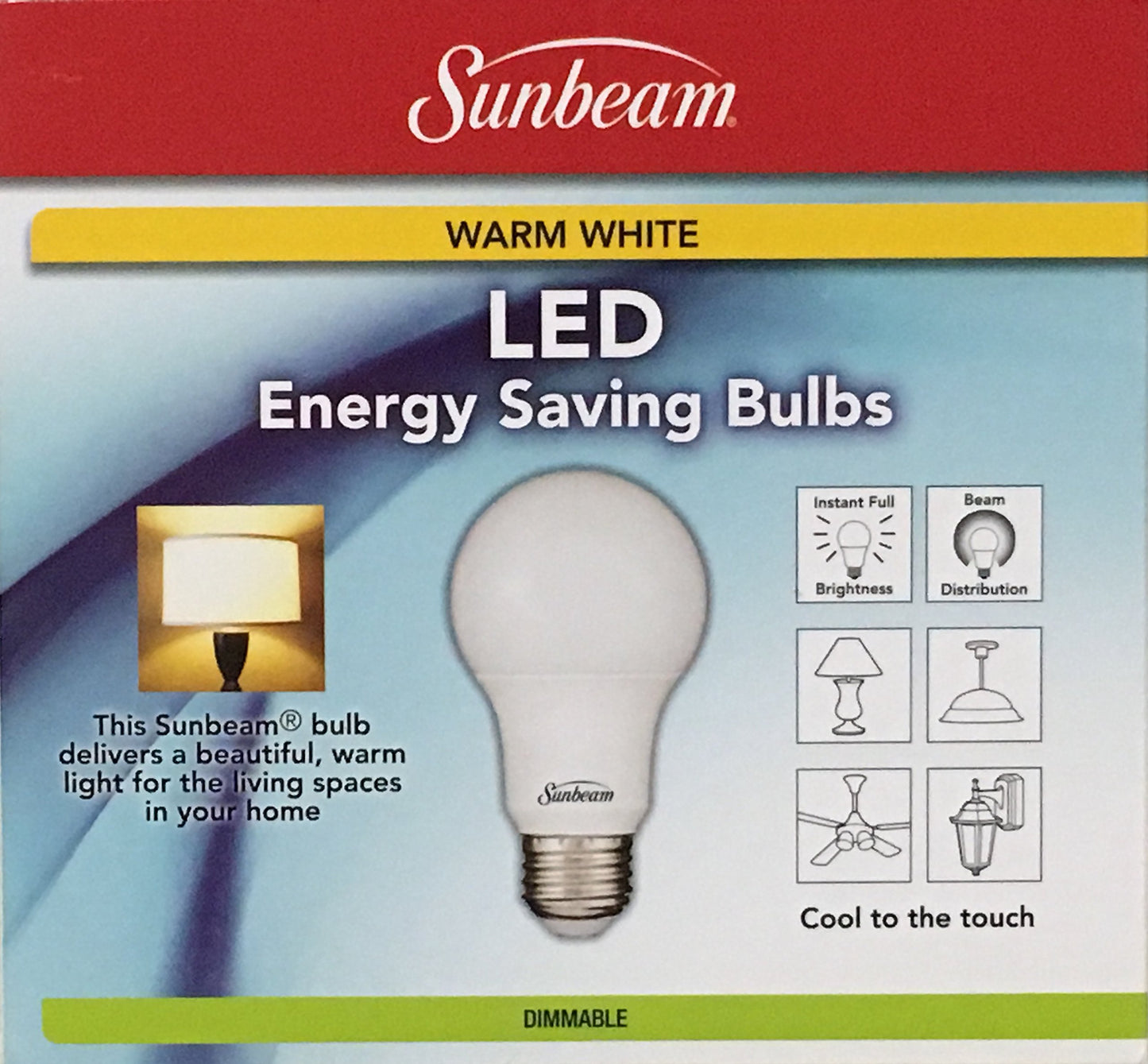Sunbeam 100W LED DIMMABLE A19 / A21 Light 2 PACK, ENERGY STAR, 1600 Lumens, 3000K WARM WHITE, 14.5 Watt, 100 Replacement / Equivalent