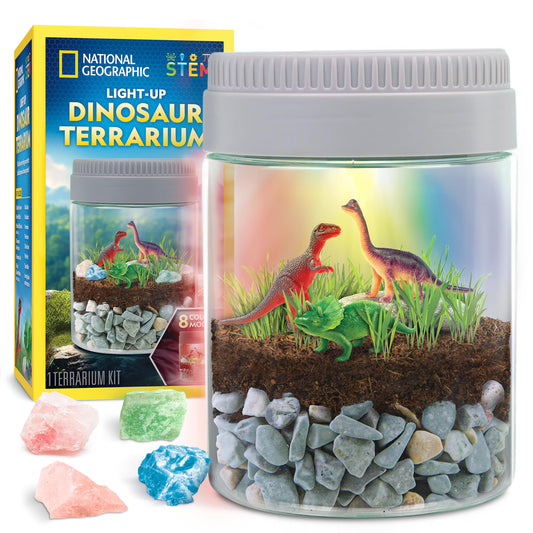 National Geographic Dinosaur Terrarium Kit – Light-Up Multicolor Dino Habitat with Real Plants, Science Kit & Educational Dinosaur Toys for Kids