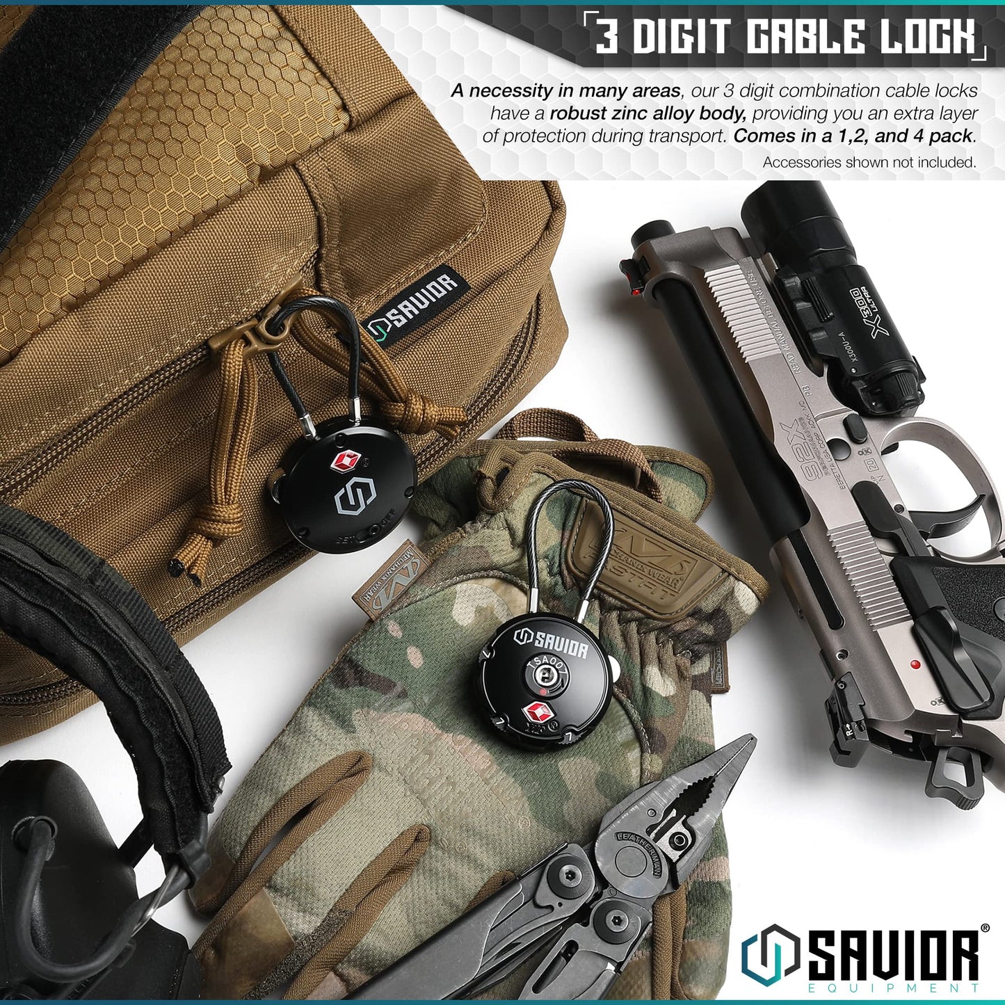 Savior Equipment TSA Approved Cable Locks – 3-Digit Combination Travel Padlocks for Rifle Bags, Gun Cases, Ammo & Storage, 4 Pack Black