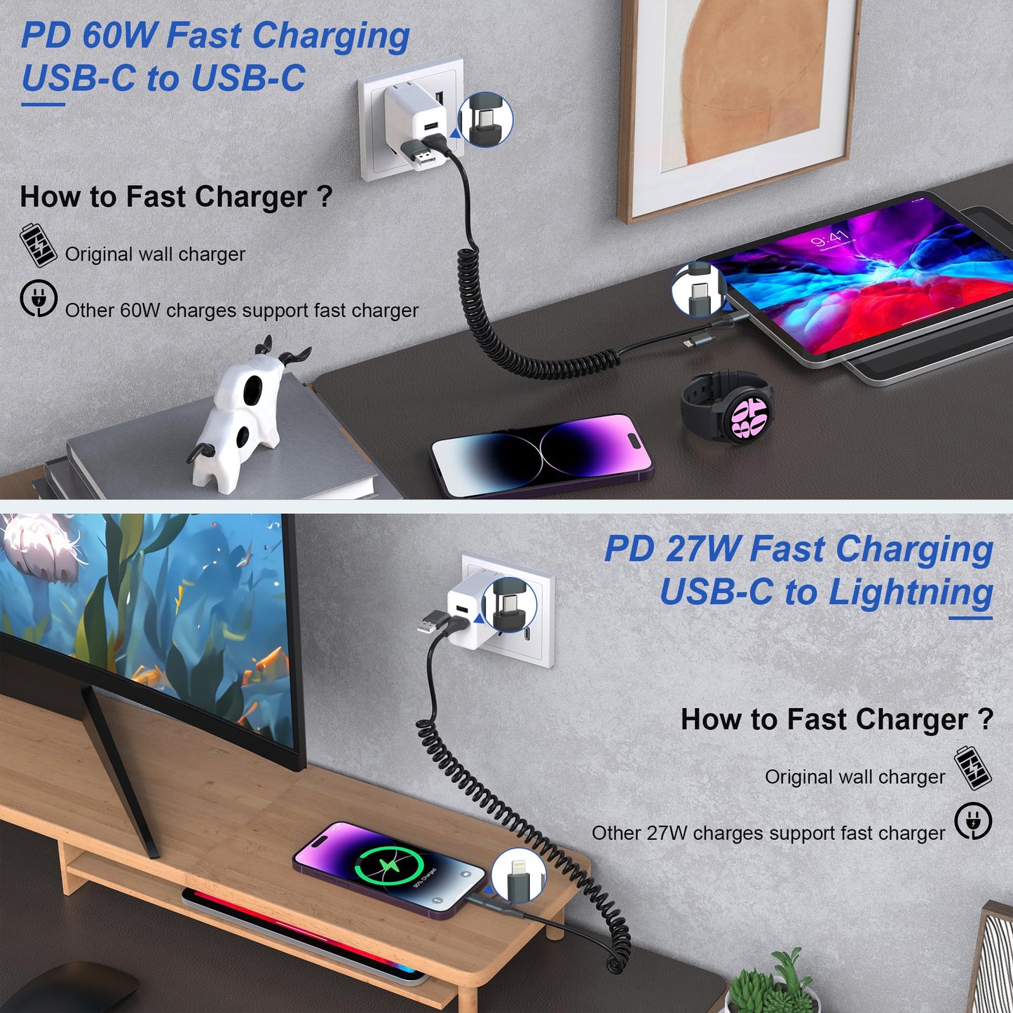 USB-C and Lightning Cable 4 in 1 Combo for Apple Carplay & Android Auto,[MFi Certified] Coiled iPhone Charger Cord- PD 60W Fast Charging & Data Sync…