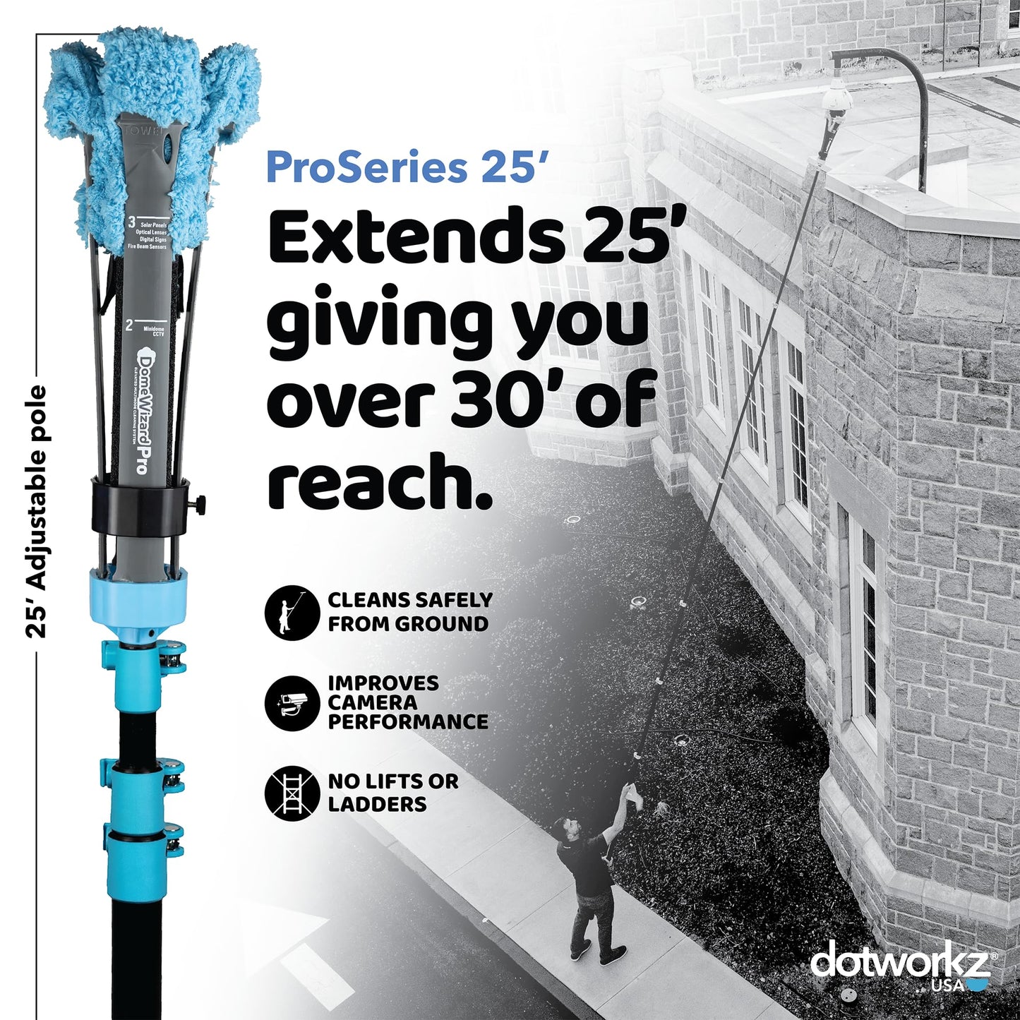 DomeWizard™ 25' Security Camera Cleaning Kit with Professional Grade Carbon Fiber Pole - Lens Cleaner for Dome, PTZ, Mini Dome & Bullet Cameras
