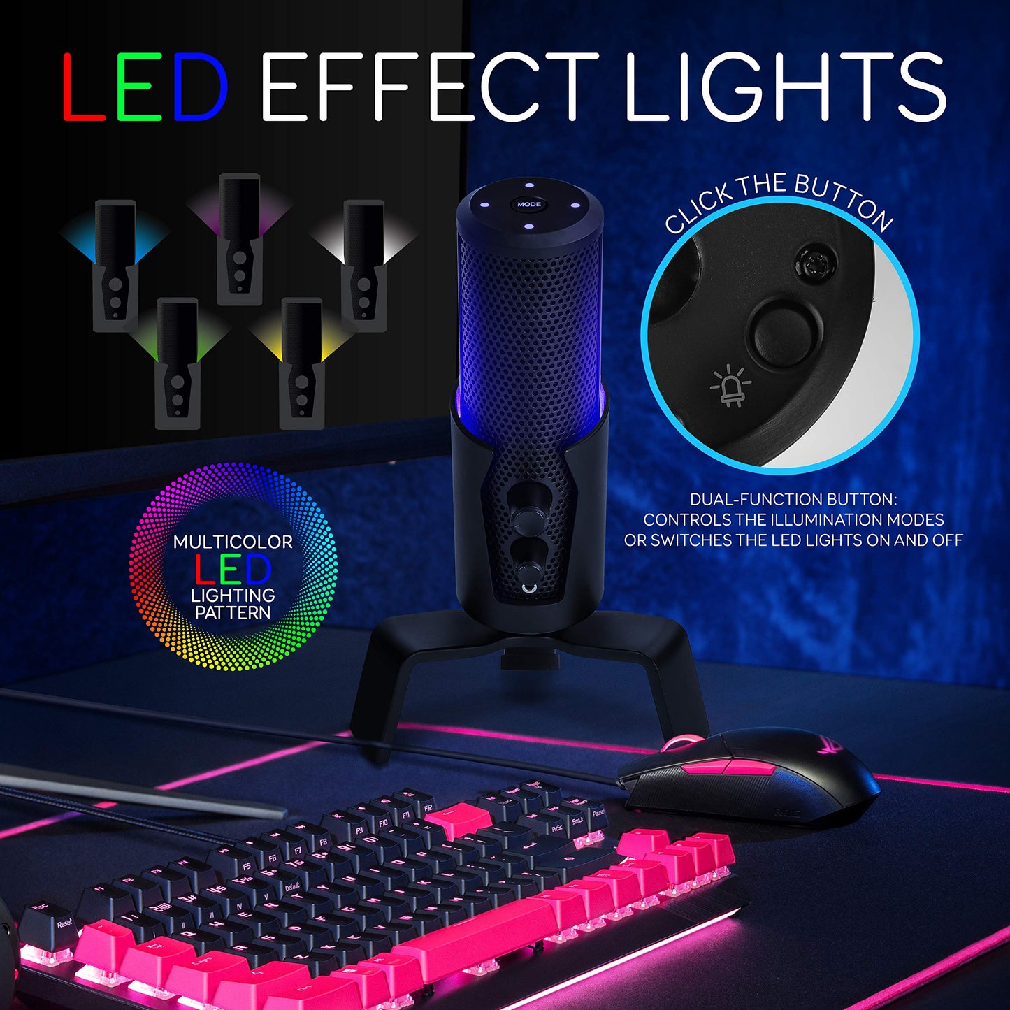 USB Microphone Selectable Pickup Pattern-4 in 1 Polar Pattern Selector Audio Cardioid Condenser Mic w/LED Effect Lights, Podcast Recording Kit for