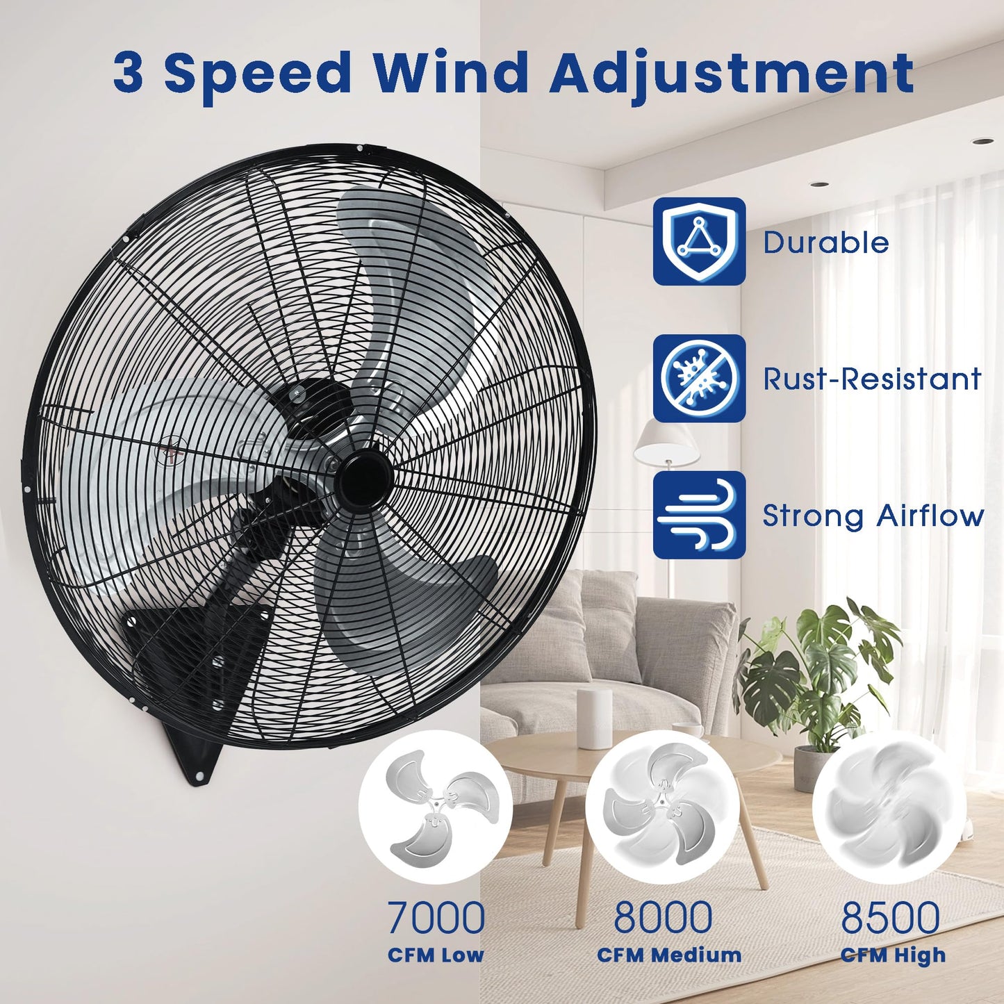 TMYWTRS 24" Wall Mount Fan, 120° Oscillating Fan and High Velocity 3 Speed Wall Fans, 8500 CFM Industrial Outdoor Wall Fans for Commercial, Garage