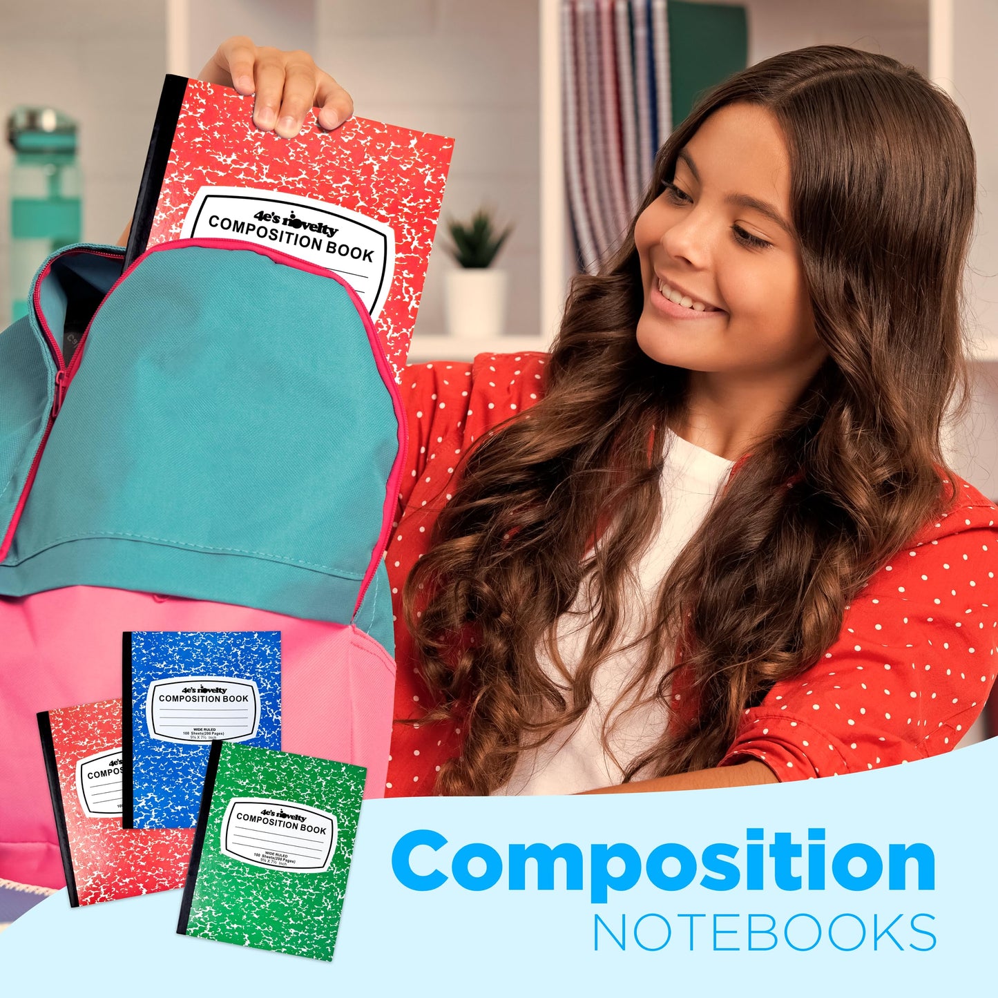 4E's Novelty Wide Ruled Composition Notebooks - Pack of 3-100 Sheets 9.75" x 7.5" - Hard Cover Red Blue Green Cute Marble Colors, Bulk Compositon Book