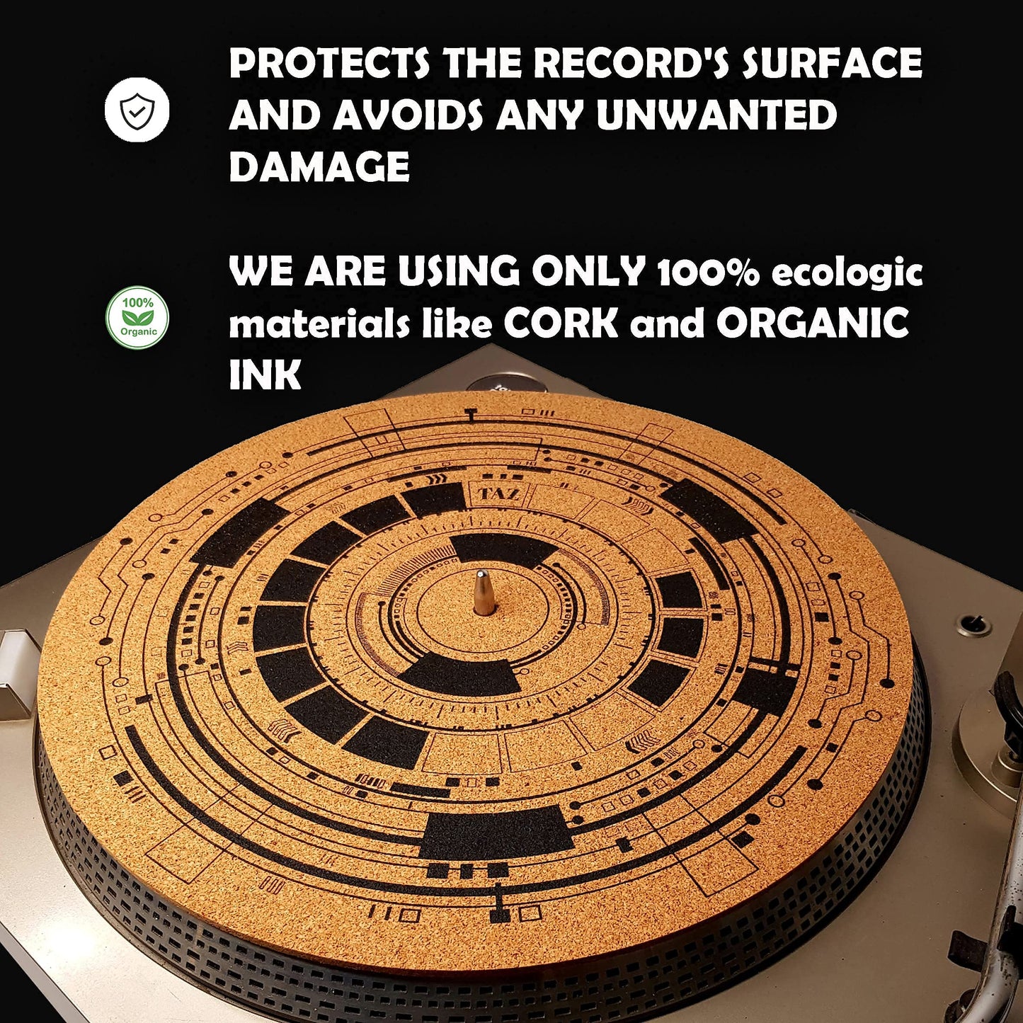 TazStudio Premium slipmat - Cork Turntable Mat [4mm Thick] for Better Sound Support on Vinyl LP Record Player - Cork mat Original Geometric Design