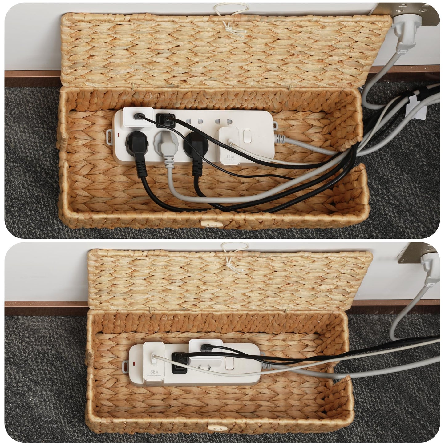 Posprica Cable Management Box with Lid, 2Pack Handwoven Real Water Hyacinth Cord Hider Organizer Boxes, 2 Side Open Slots Storage Box to Hide Cords