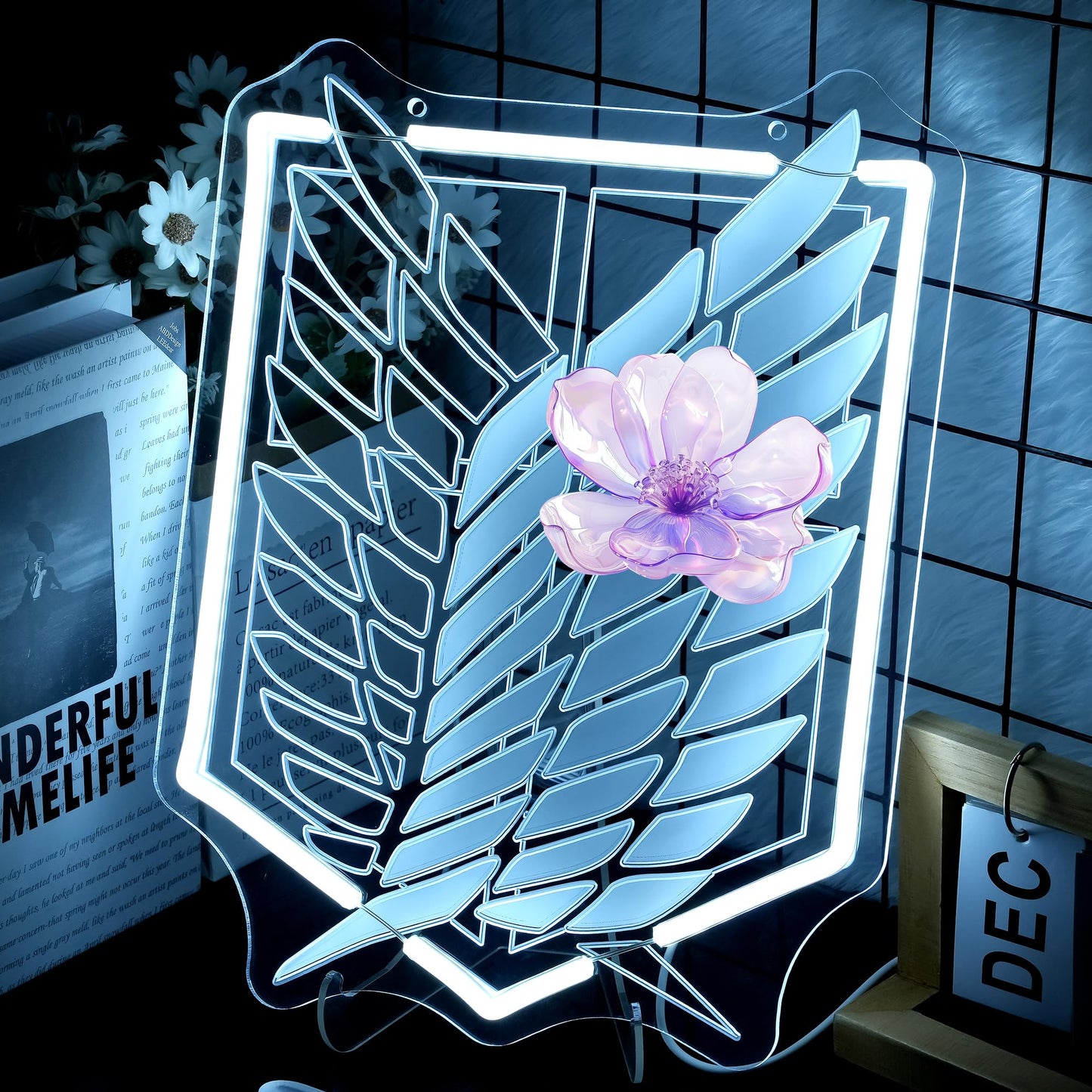 Anime Neon Sign for Wall Art Decor - Wings and Freedom Acrylic USB Powered LED Wall Light, White Glow with Dimmer, for Bedroom Game Room Party Decor