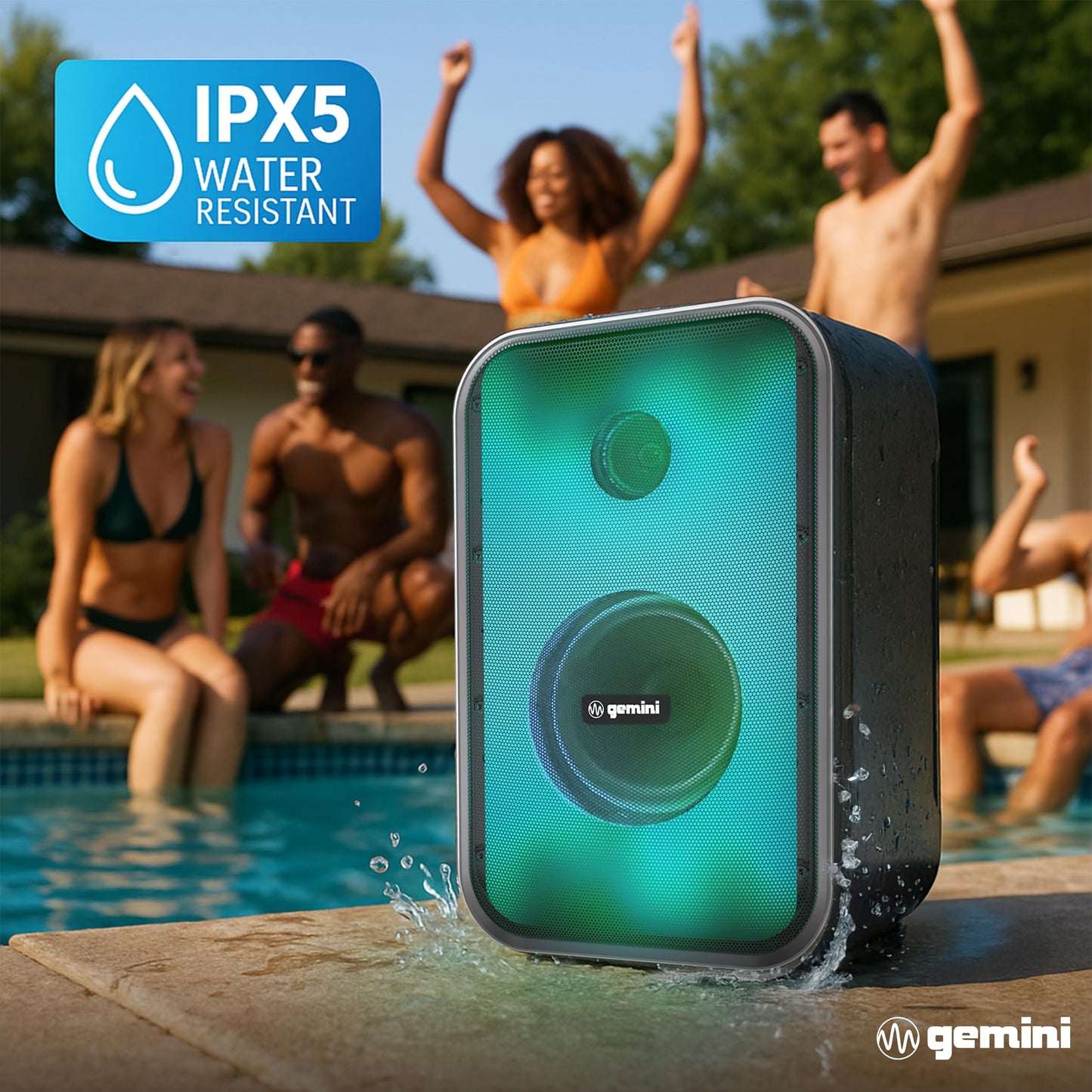 Gemini Portable Bluetooth Party Speaker with LED Lights, 6Hr Battery, IPX5 Waterproof, USB/AUX/FM Radio for Outdoor BBQ Pool Parties (GNV-60)