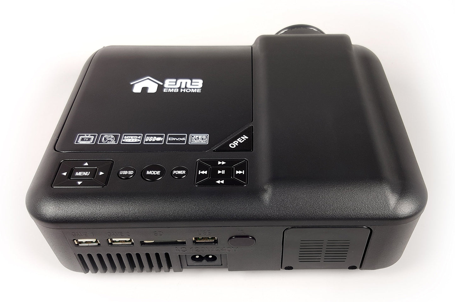 EMB Home - EBP200 - Portable HDMI DVD LED Projector 60 ANSI Lumens w/USB, SD Card Play DVD for Home Cinema Theater/Games/Party/PC Laptop