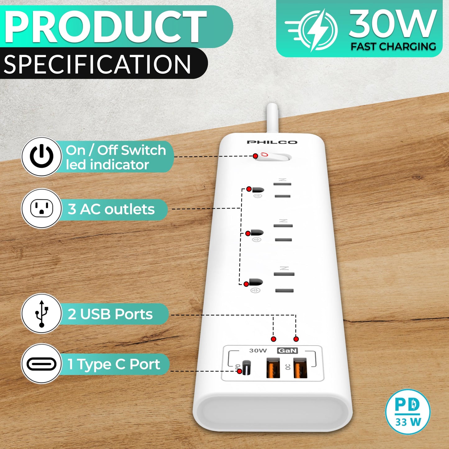 Power Strip with 3 AC Outlets, 30W USB-C Port, 2 USB-A Ports & 6ft Extension Cord - LED Indicator, Fast Charging for Laptops, Phones & More - Compact