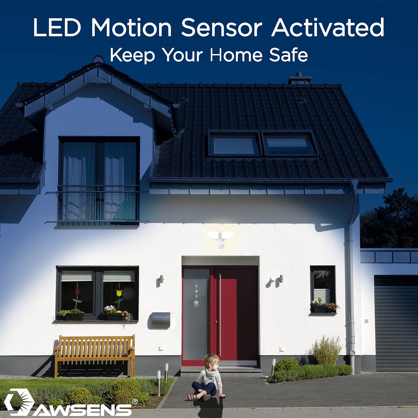 AWSENS 30W LED Motion Sensor Security Light Outdoor, 180 Degree, 2600 LM, 5100 K, ETL Water Resistant, 2 Head Adjustable Motion Sensor Outdoor