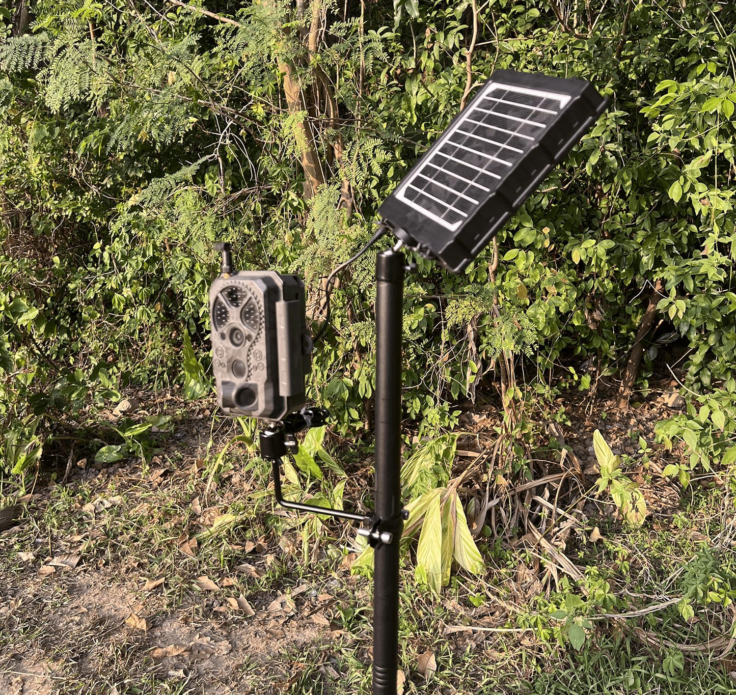 Xtellar 56'' Heavy Duty Trail Camera Mount with Solar Panel Arm - 2-in-1 Adjustable Steel Ground Stake, 360° Swivel Mounts, 3-Spike Base