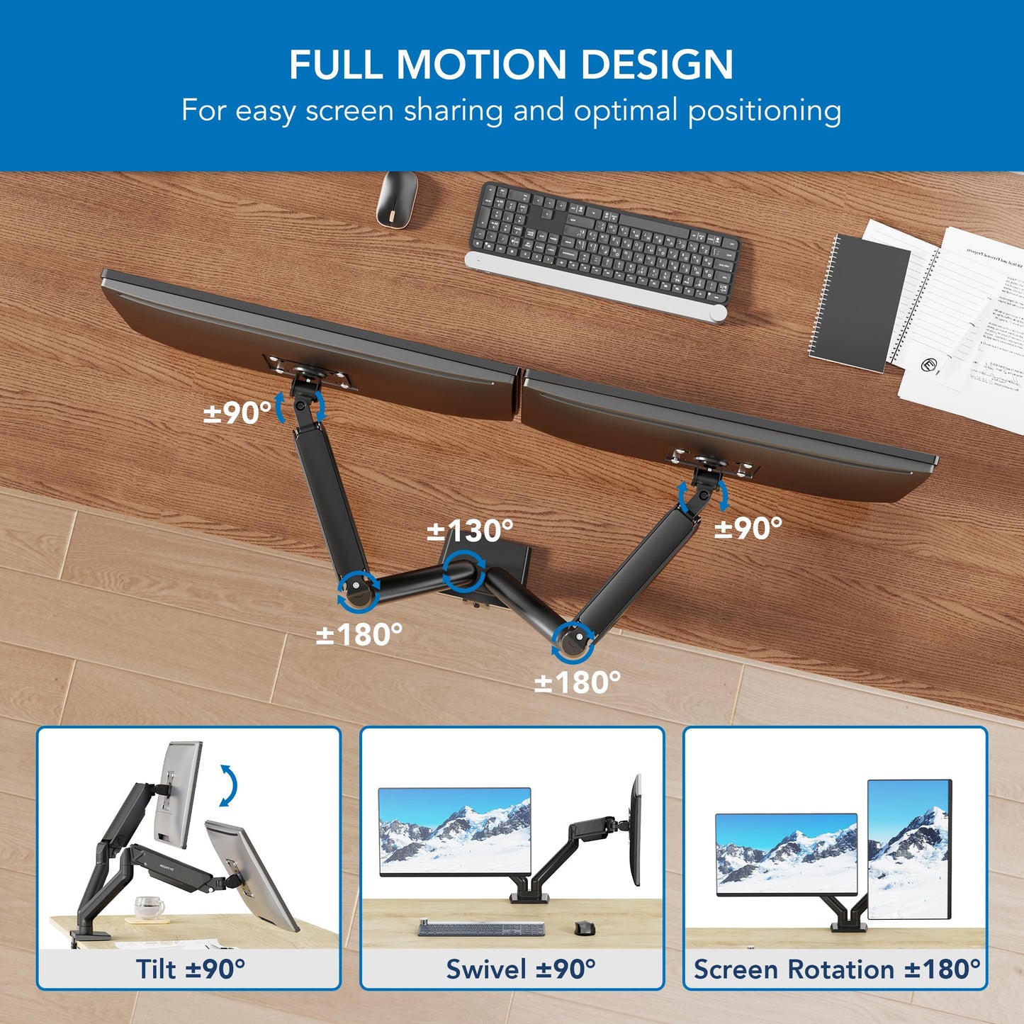 Mount-It! Full Motion Dual Monitor Mount with Spring Arms, 17" to 32", Full Motion Monitor Arm with Tilt, Rotation, Swivel, Height Adjustment, Clamp
