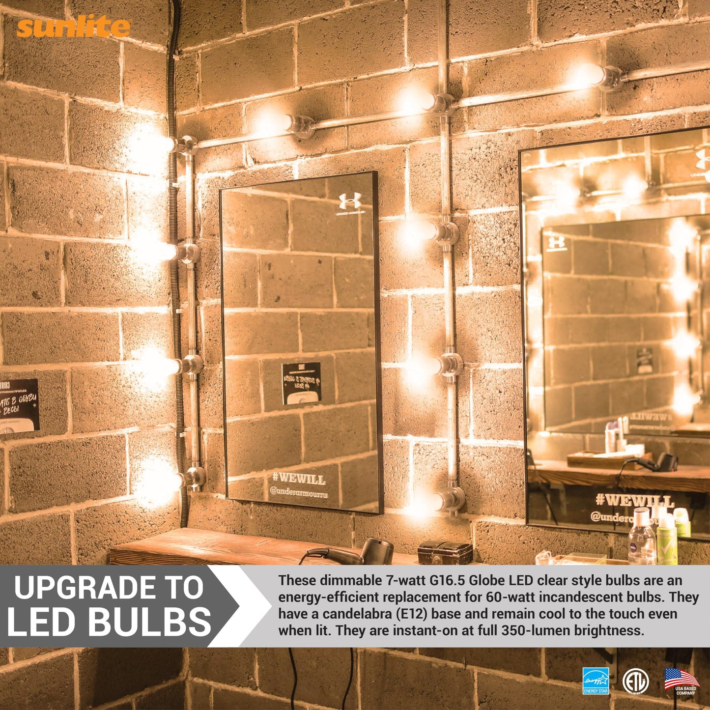 Sunlite G16.5 Light Bulb LED, 7 Watts (60W Equiv.), 500 Lumens, Dimmable, Type G Globe Shape E12 Candelabra Base, Short Bulbs, Vanity Mirror Bulbs
