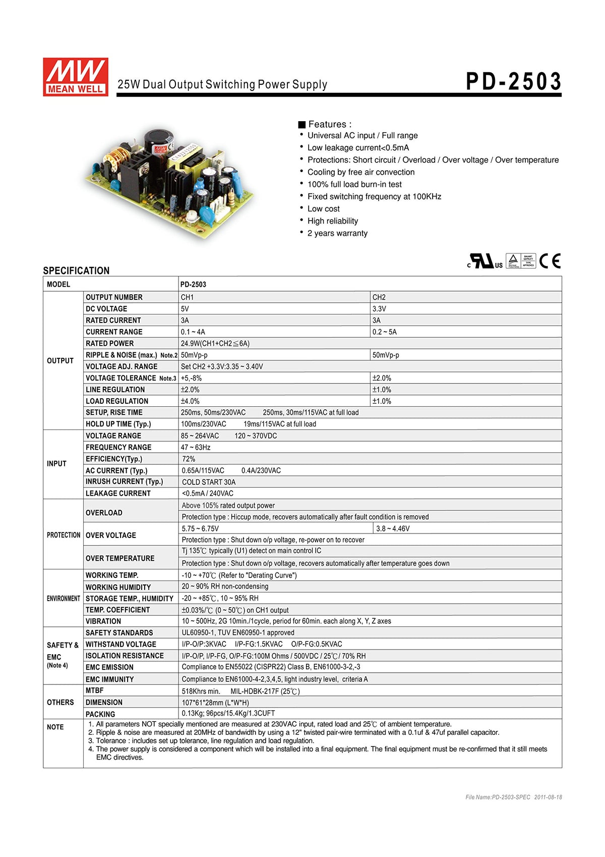Mean Well Original PD-2515 Dual Output Switching Power Supply 15V -15V 0.8A 24W