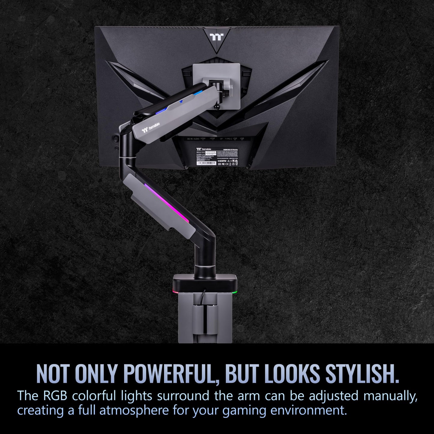 Thermaltake Single Heavy Duty RGB Monitor Arm for up to 49 inchs and 44 lbs Screen, 100 x 100 mm VESA Compatible, Wide Rage Movements