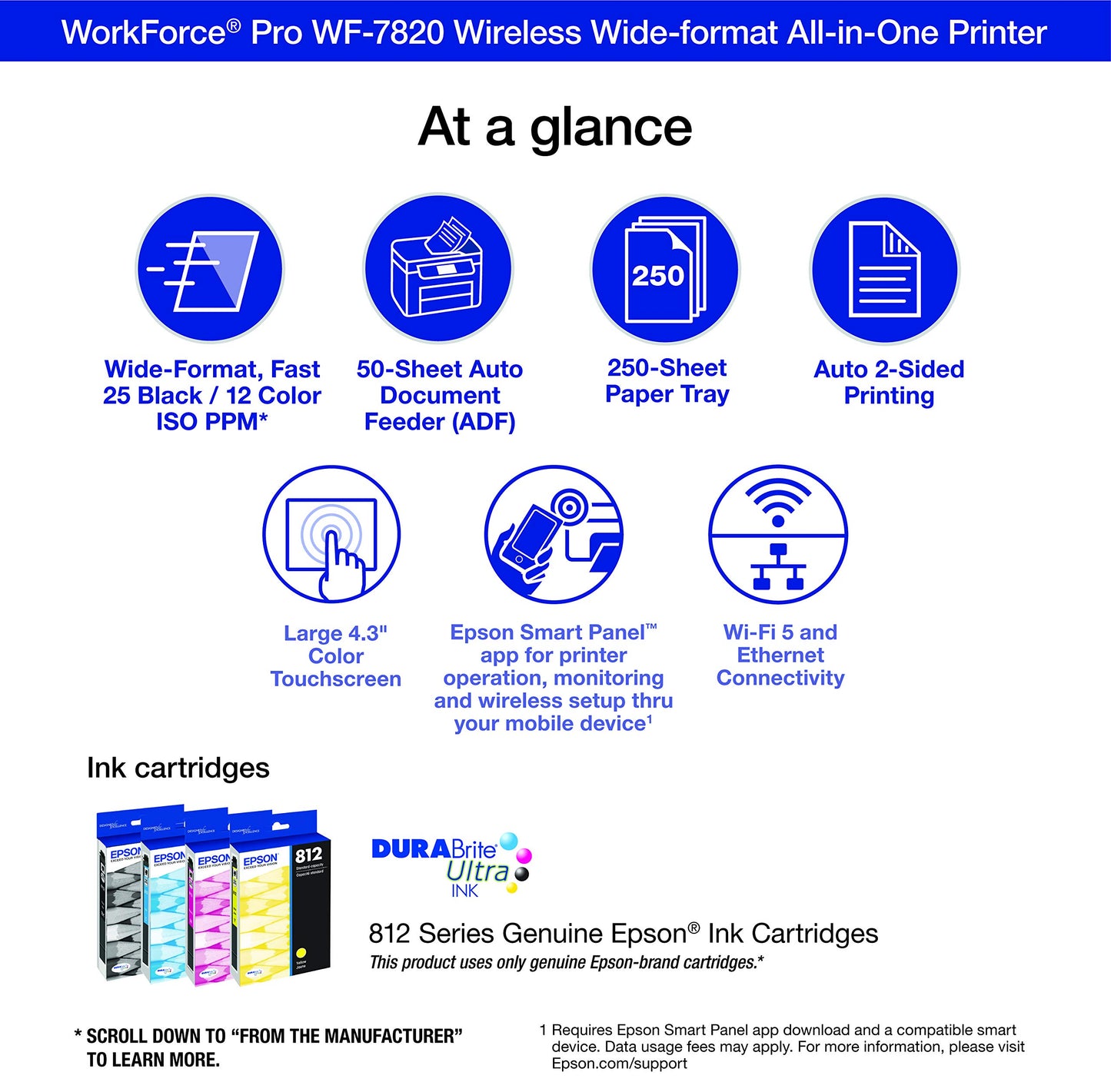 Epson Workforce Pro WF-7820 Wireless Duplex All-in-One Wide-Format Printer, Copier, Scanner, and Fax with 50 Page ADF, 250 Sheet Paper Capacity
