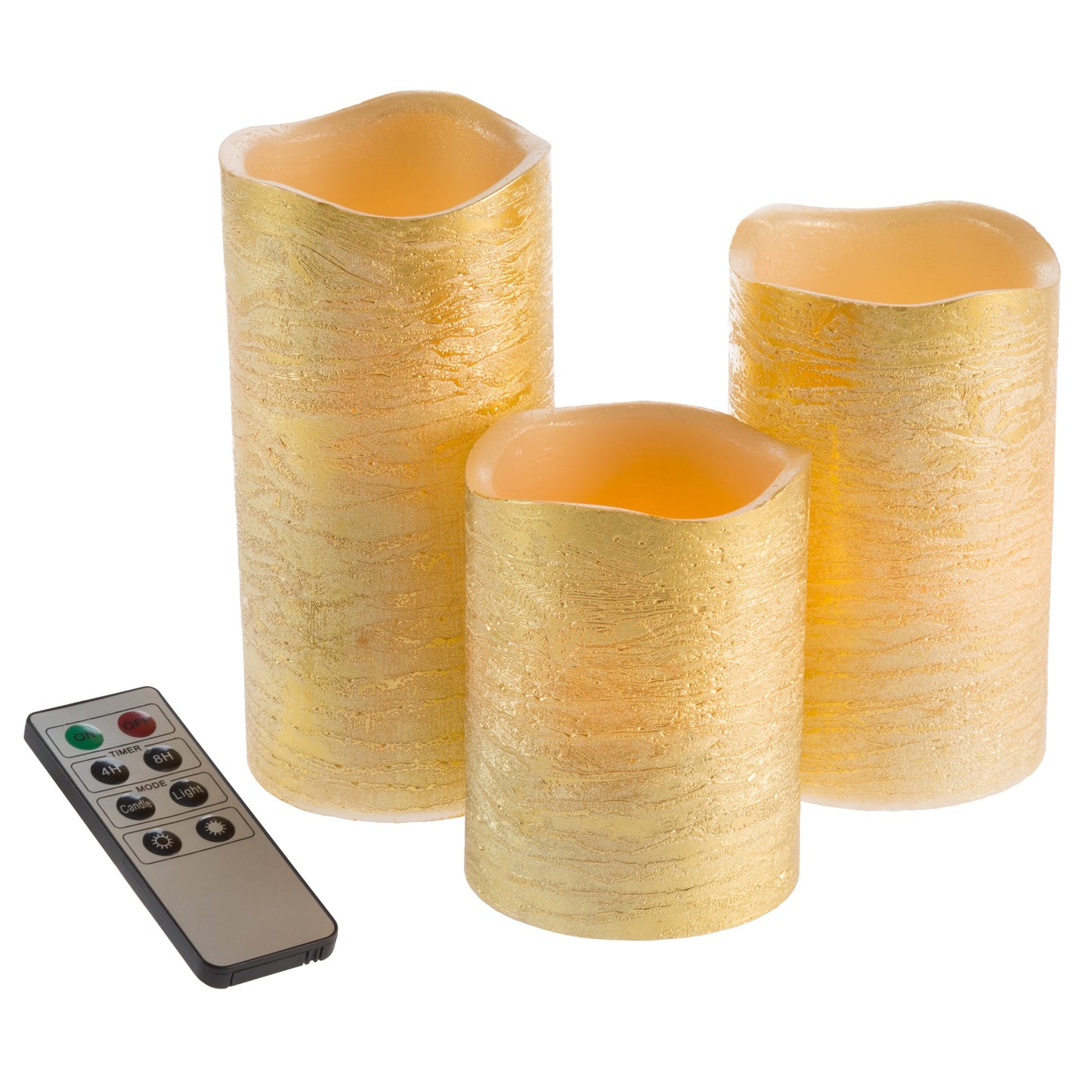 Lavish Home 80-Fc1004 Flameless LED Set of 3 Real Wax Battery Powered Pillar Candles with Remote, Timer and Distressed Gold Metallic Finish, Metallic