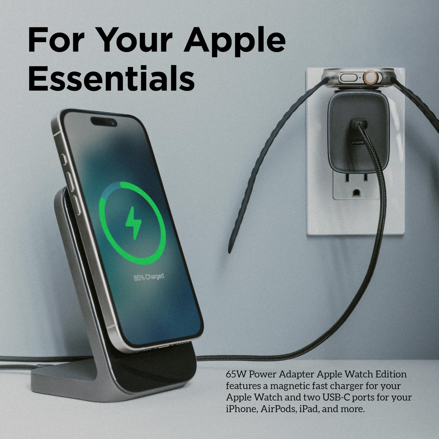 AC Adapter 3 in 1 Charging Solution - 65W Apple Watch Ultra 2 Charger Edition with Dual USB C Cable Ports, Fast Charge Ports and MFi Fast Charger