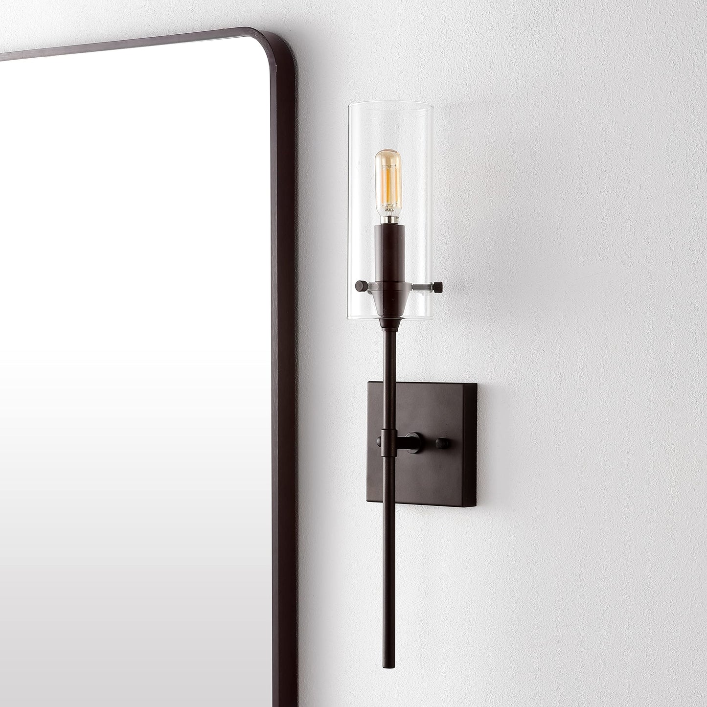 JONATHAN Y 4.5" Oil Rubbed Bronze Modern Farmhouse LED Vanity Light Sconce, Clear Glass Cylinder Shade, Wall Lamp for Bathroom Mirror Hallway