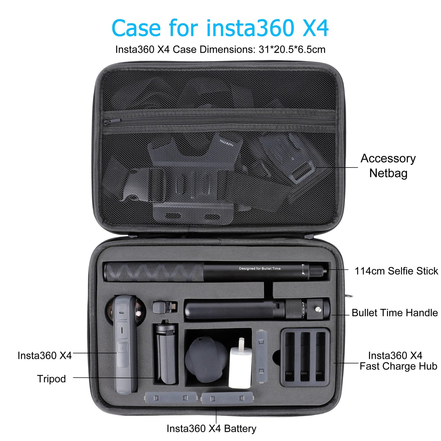PellKing Case for Insta360 X5 X4 Camera - Large Hard Shell with EVA Liner Bag Compatible for Insta 360 Bullet Time Handle/Selfie stick and other