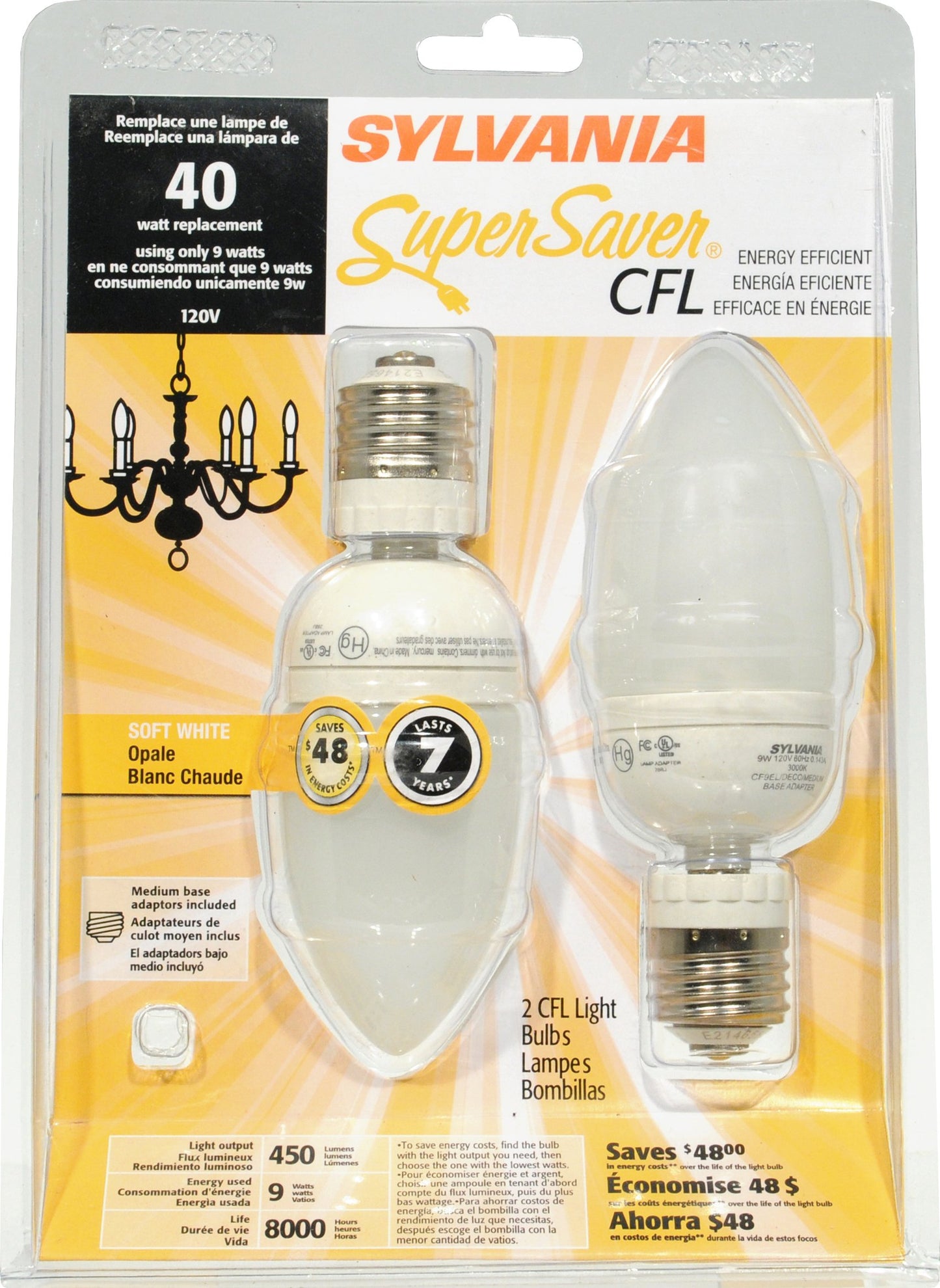 Sylvania 25986 9-Watt Compact Fluorescent B10 Light, 2 Pack