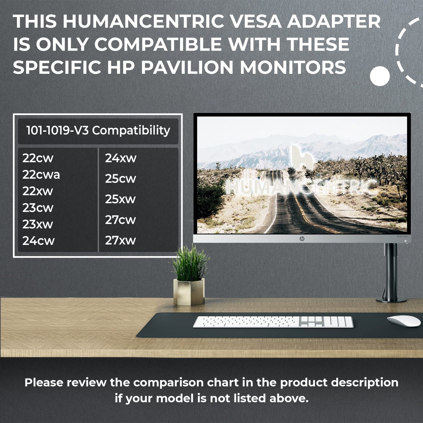 HumanCentric VESA Mount Adapter Compatible with HP Pavilion 27xw, 25xw, 24xw, 23xw, 22xw, 22cwa, 27cw, 25cw, 24cw, 23cw, and 22cw Monitors, Works