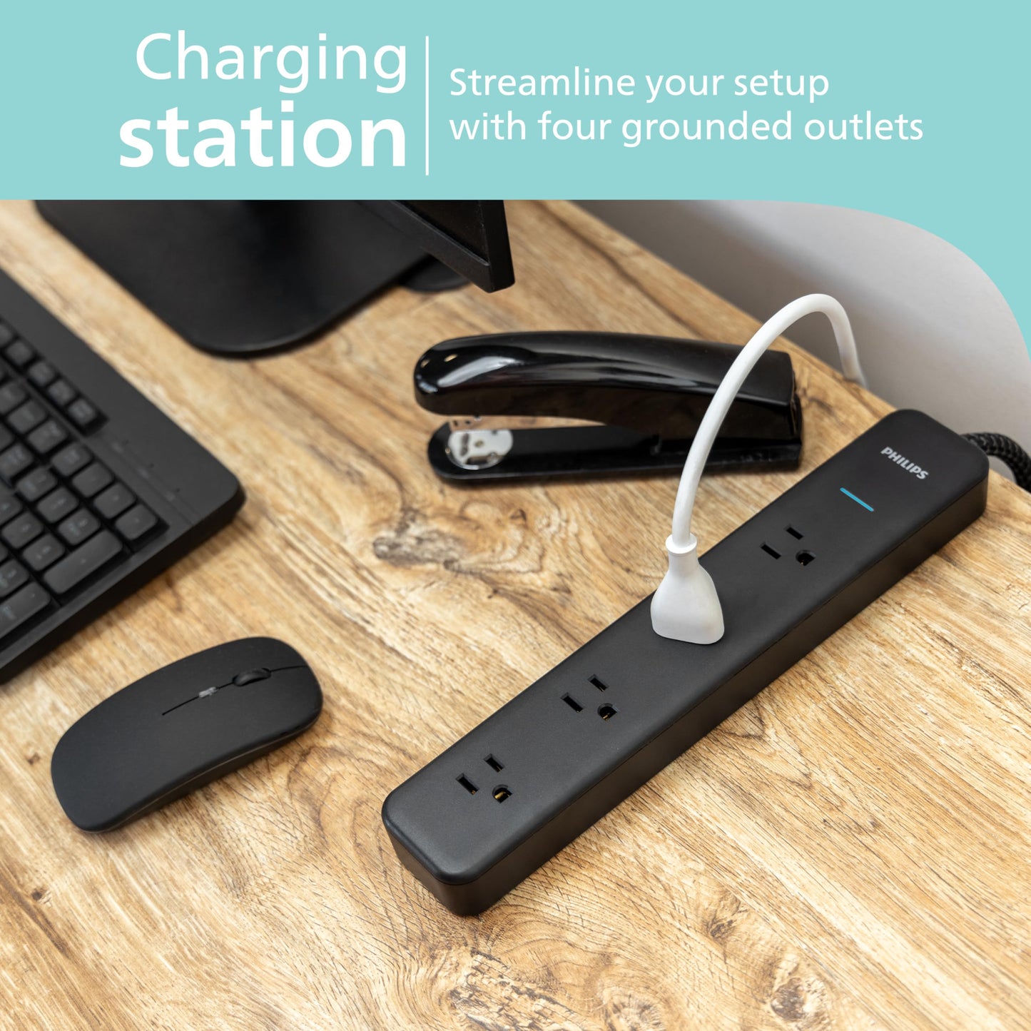PHILIPS 4-Outlet Surge Protector Power Strip, 450J, Adapter-Spaced, 4ft Braided Cord, Outlet Extender, Extension Cord, for Home School or Office