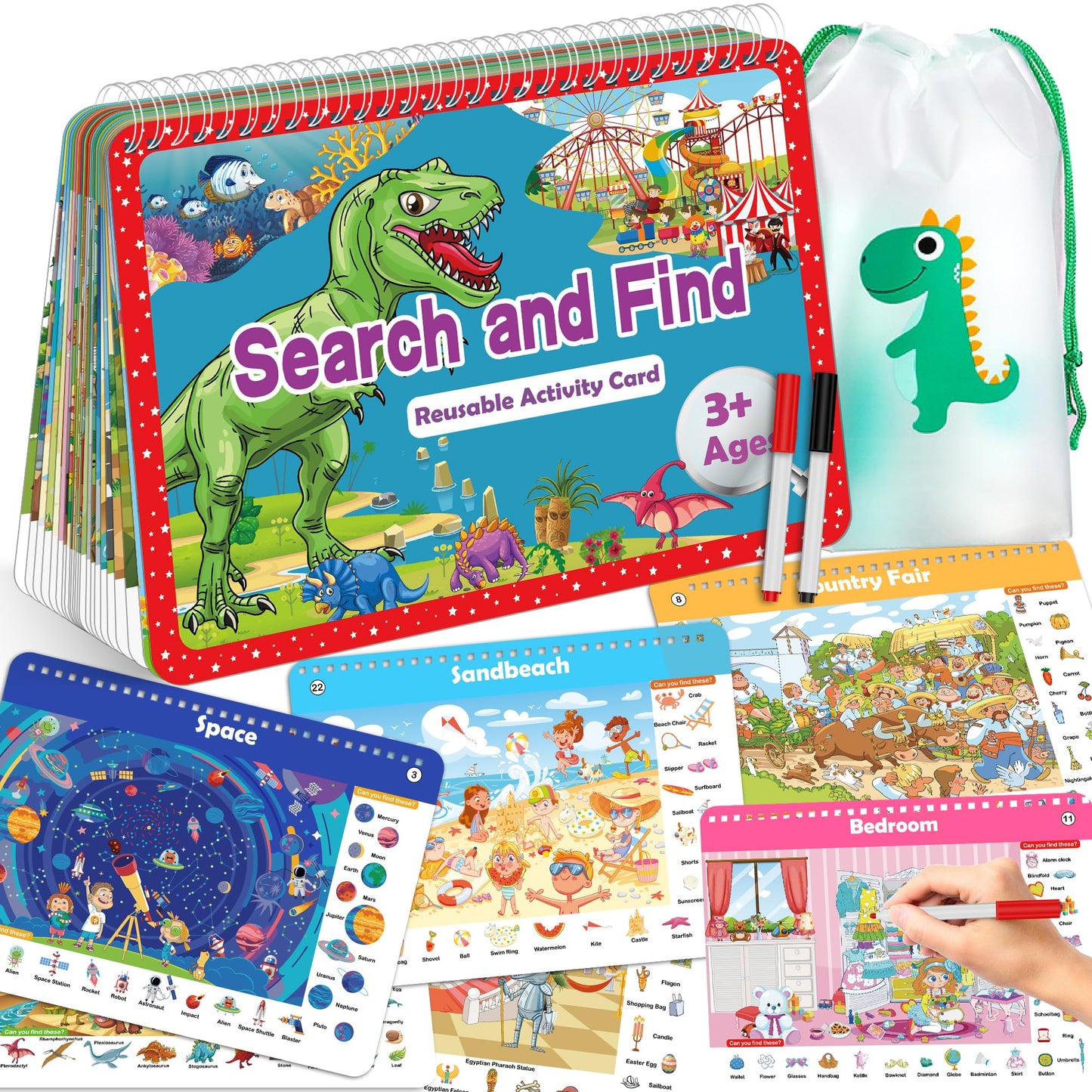 Elfew Search & Find Book for Kids Ages 3–8 – Reusable Activity Mats with 24 Themed Activities, Educational Toddler Learning & Car Toys