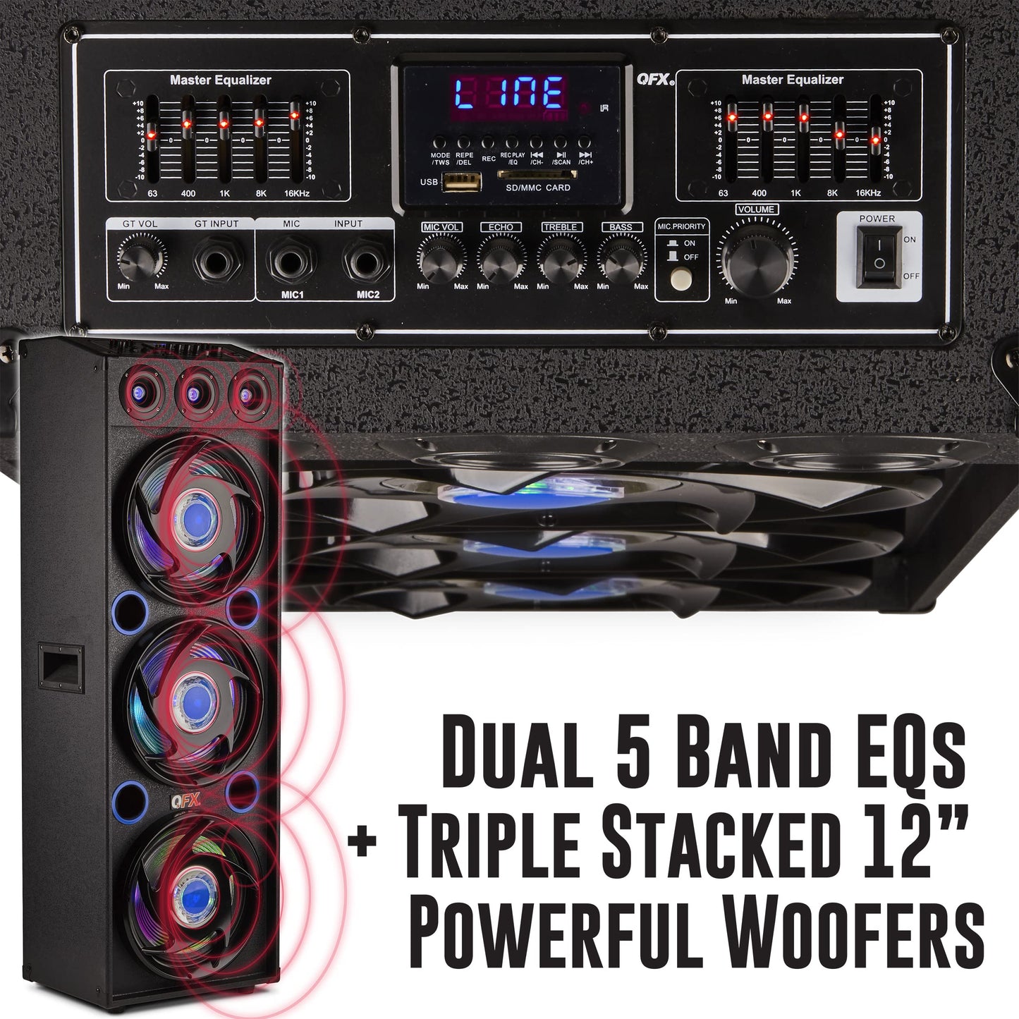 QFX SBX-412300BT TWS Bluetooth Triple 12” Woofer Triple 1” Tweeter Recording High-Performance PA Cabinet Speaker with 10-Band Graphic EQ, 2 Microphone