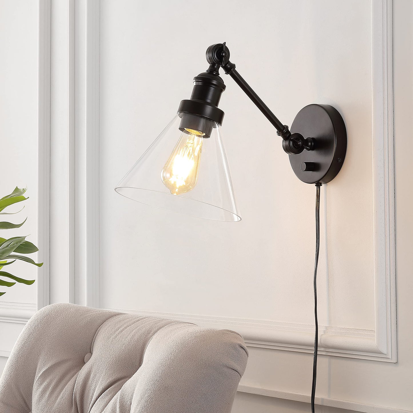 JONATHAN Y 8" Oil Rubbed Bronze Adjustable LED Wall Sconce, Plug-in Wall Lamp with Dimmer Switch, Clear Glass Shade for Bedroom Living Room Kitchen