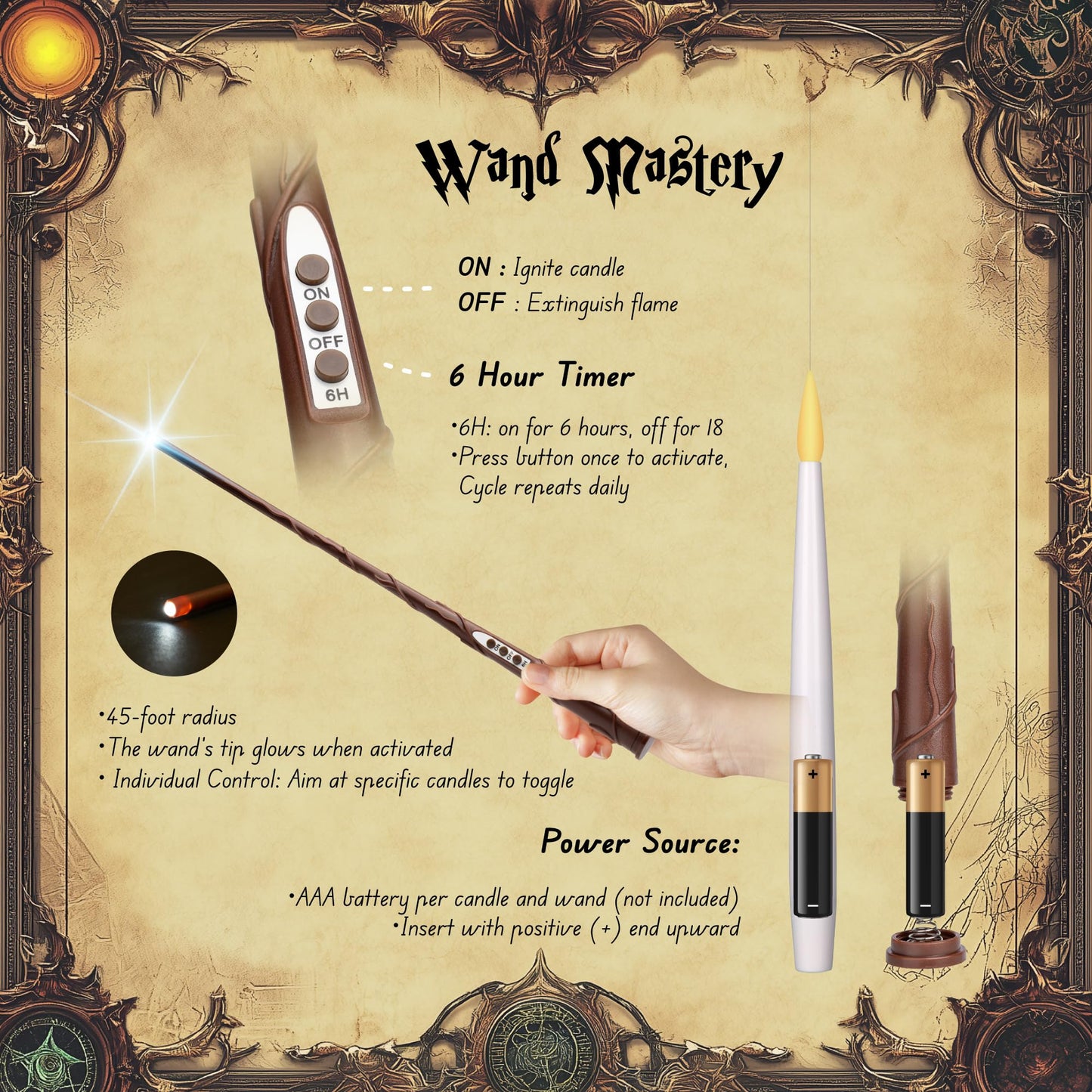 WYZworks 24pk Magical Floating LED Candle with 2 Wand Remote (6/18H Timer), 6.1" Hanging Flameless Flickering Taper Candles Battery Operated