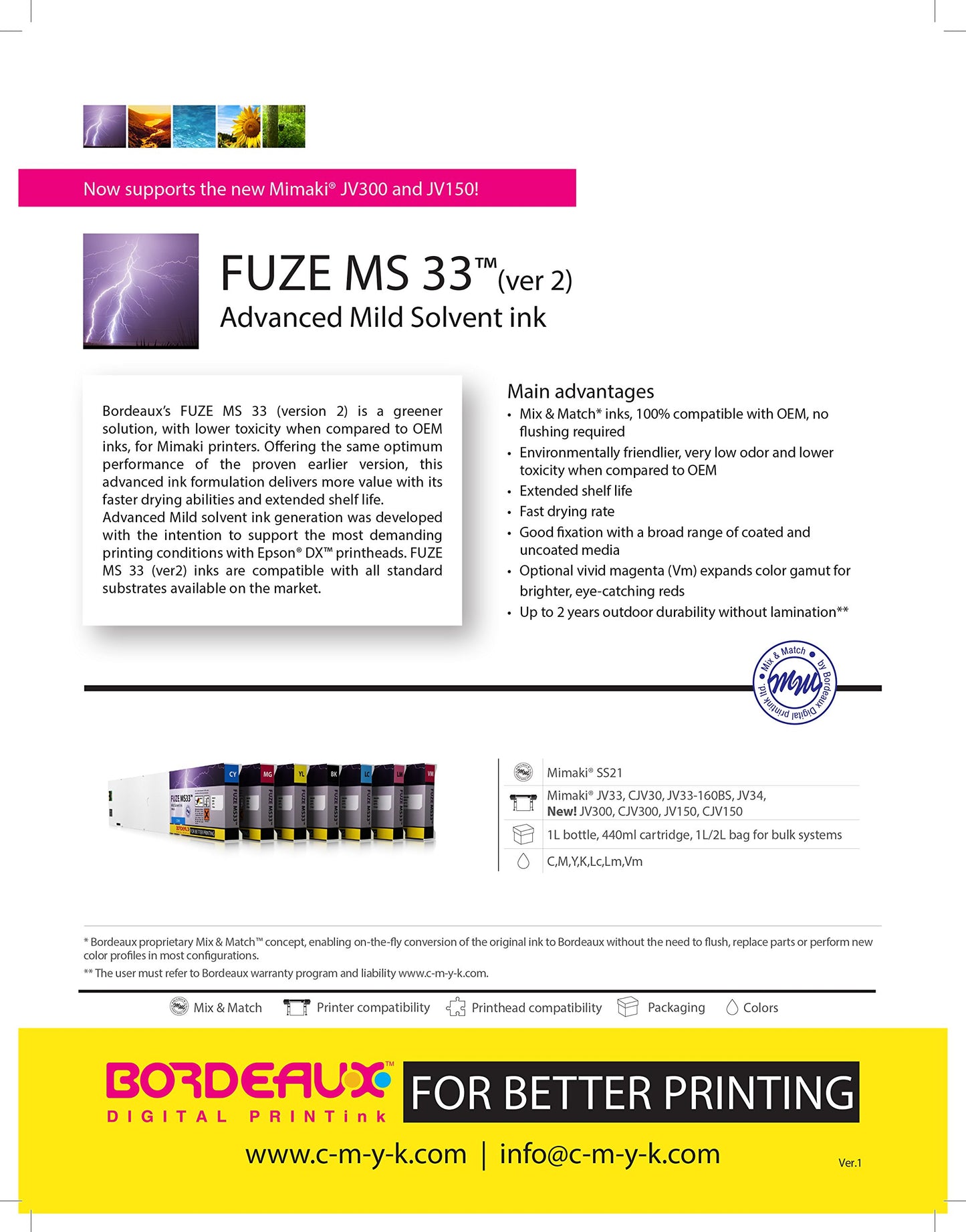 Bordeaux Fuze MS33 Mild Solvent Ink for Mimaki JV & CJV Printers - 1000ml Bottle (Yellow)