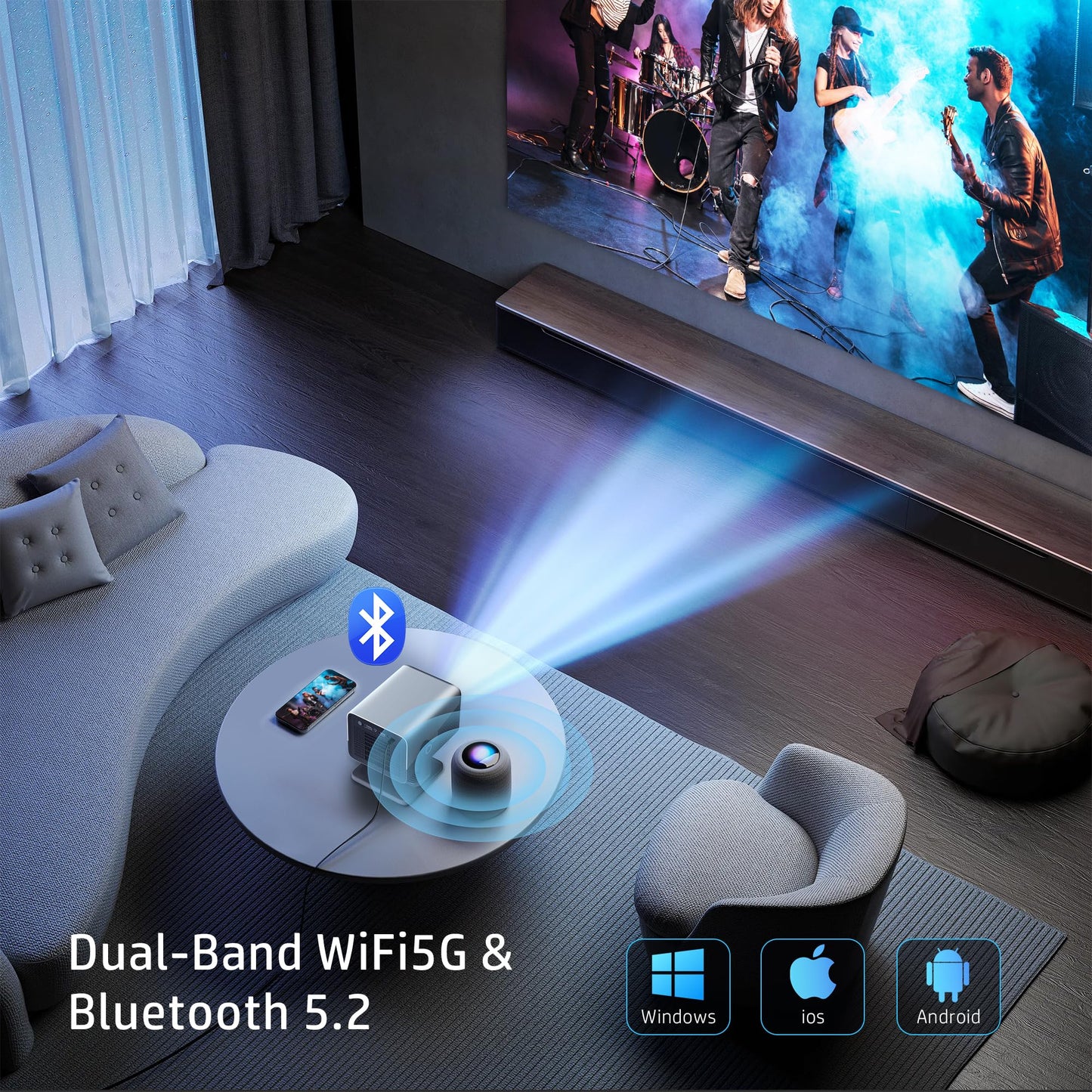 HP MC475 Official Licensed App Native 1080P Full HD Smart Mini Projector with WiFi & Bluetooth, Portable Projector for Outdoor & Bedroom, Short Throw