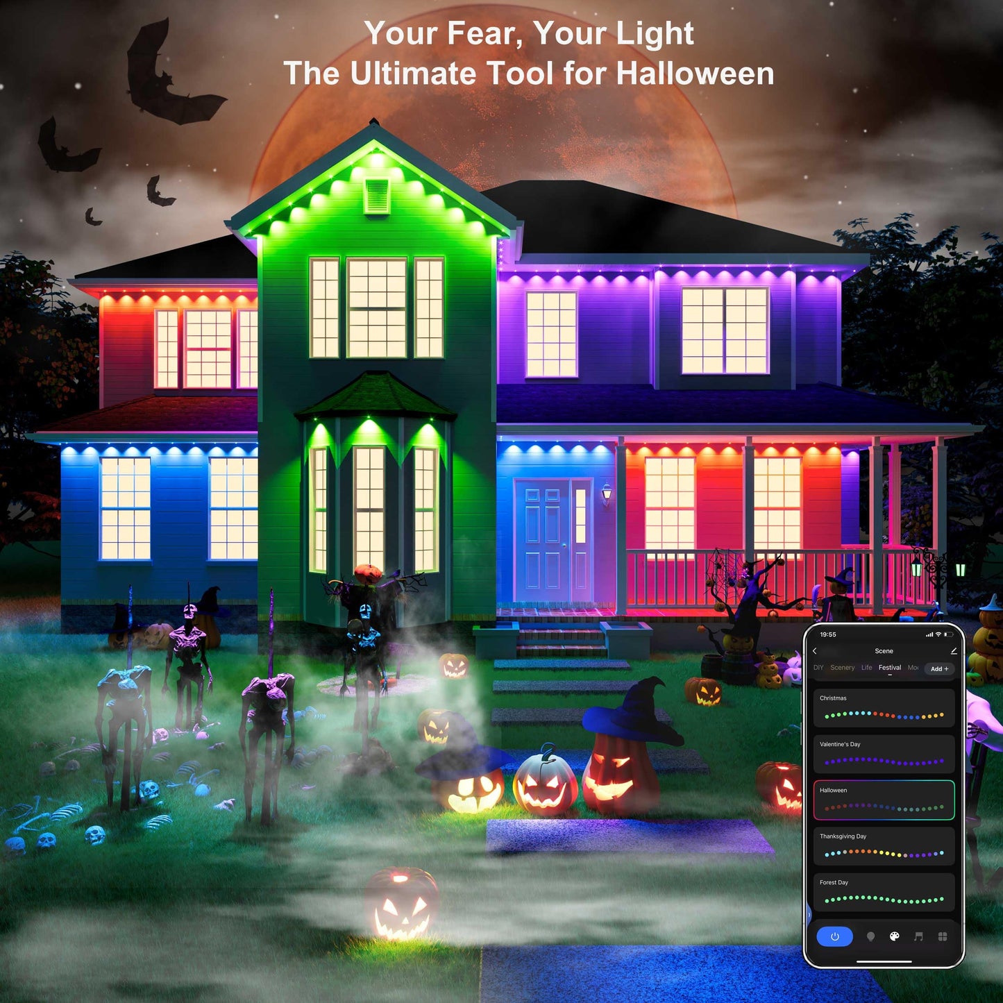 Permanent Outdoor Lights for House, DIY Scene for Halloween, Christmas Decor, 150ft Permanent Christmas Lights Outdoor with 72 RGB+IC Eternity Light