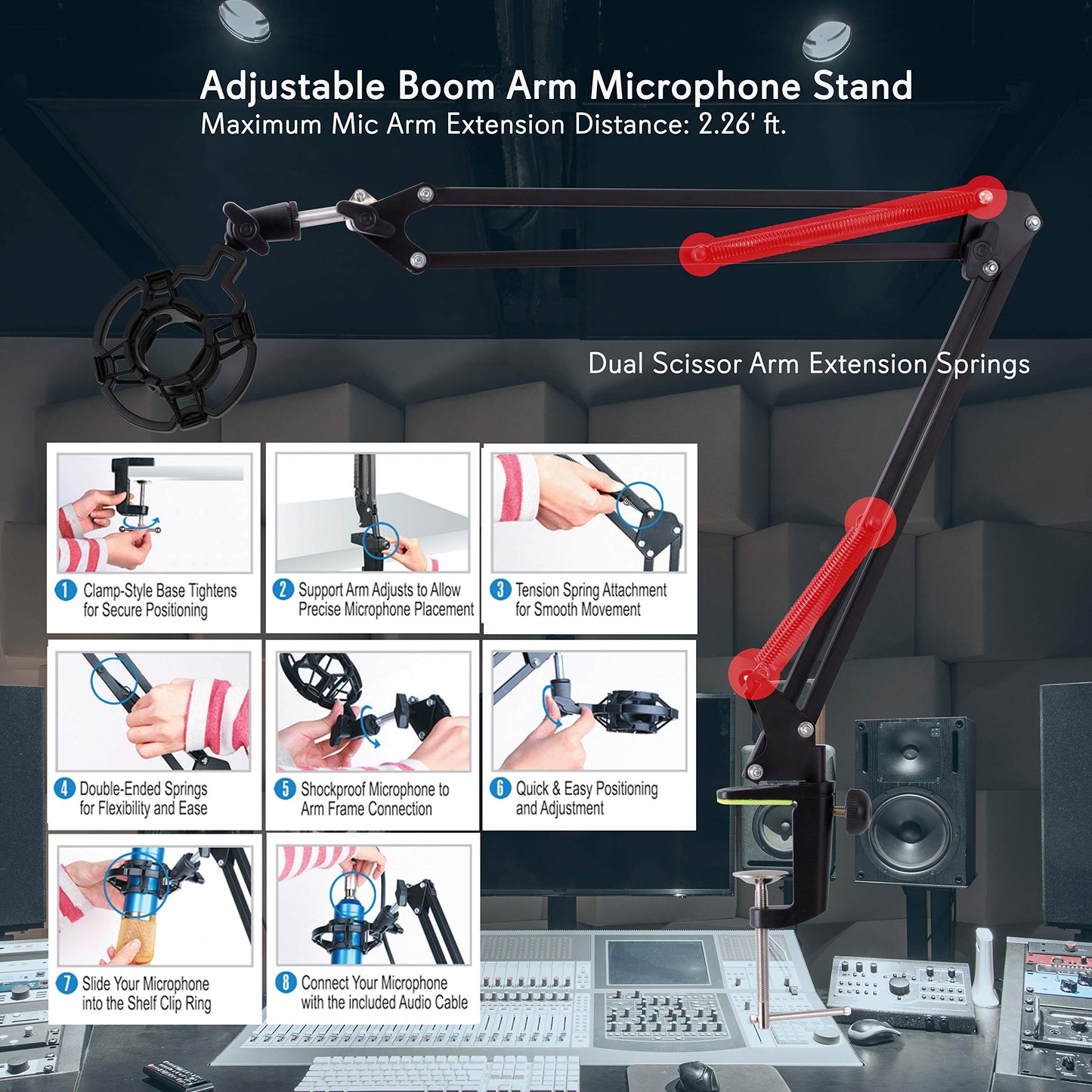 Pyle Suspension Boom Mic Stand with Shock Mount - Adjustable Desktop Mic Stand Boom Arm with Clamp, XLR Cable, Mic Clips - Heavy-Duty Microphone Stand