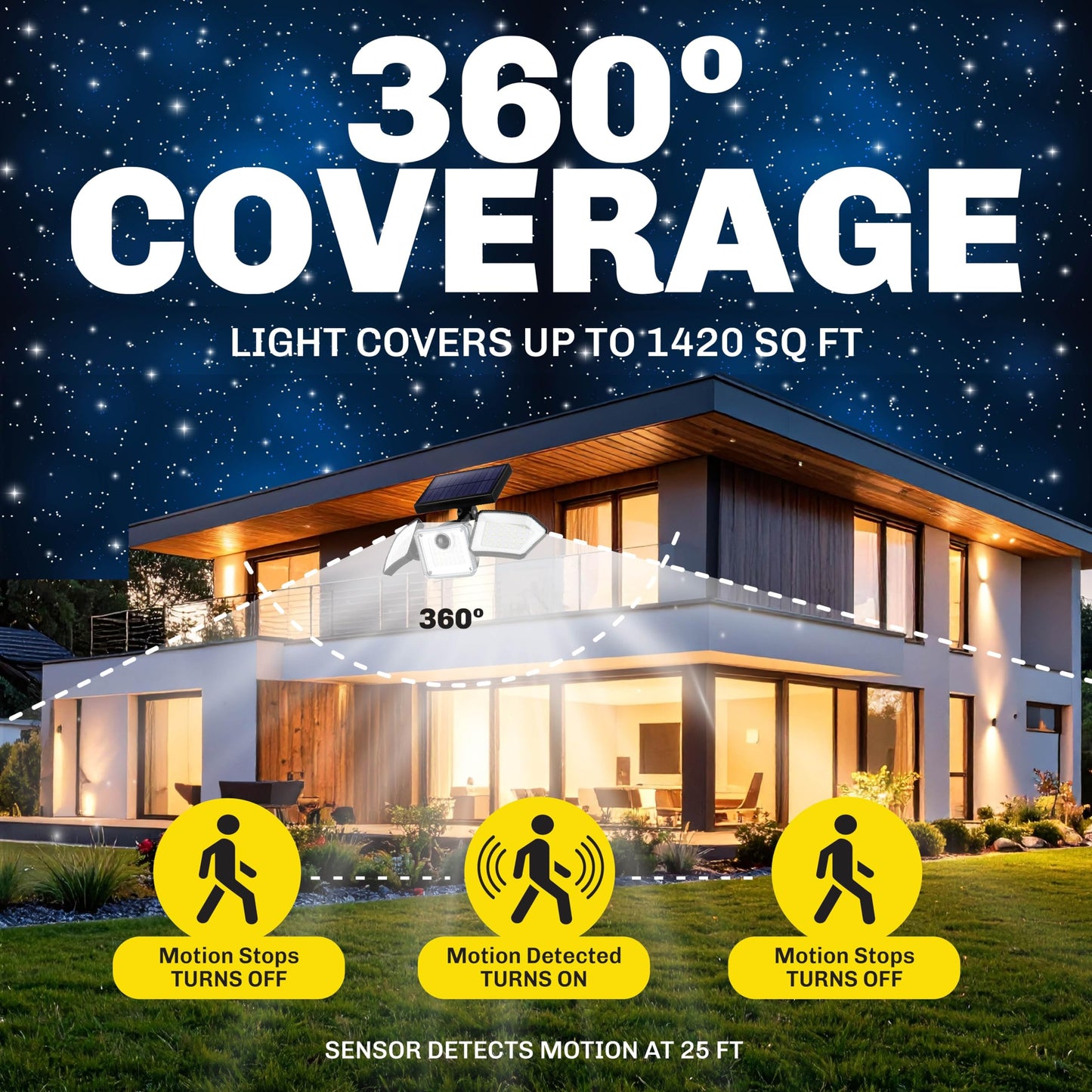 Bell+Howell Solar Flood Lights Outdoor Motion Sensor 2 Pack, 500 Lumens 89 LEDs, 3 Heads Wide Angle 1420 Sq Ft Coverage, IP65 Waterproof Solar