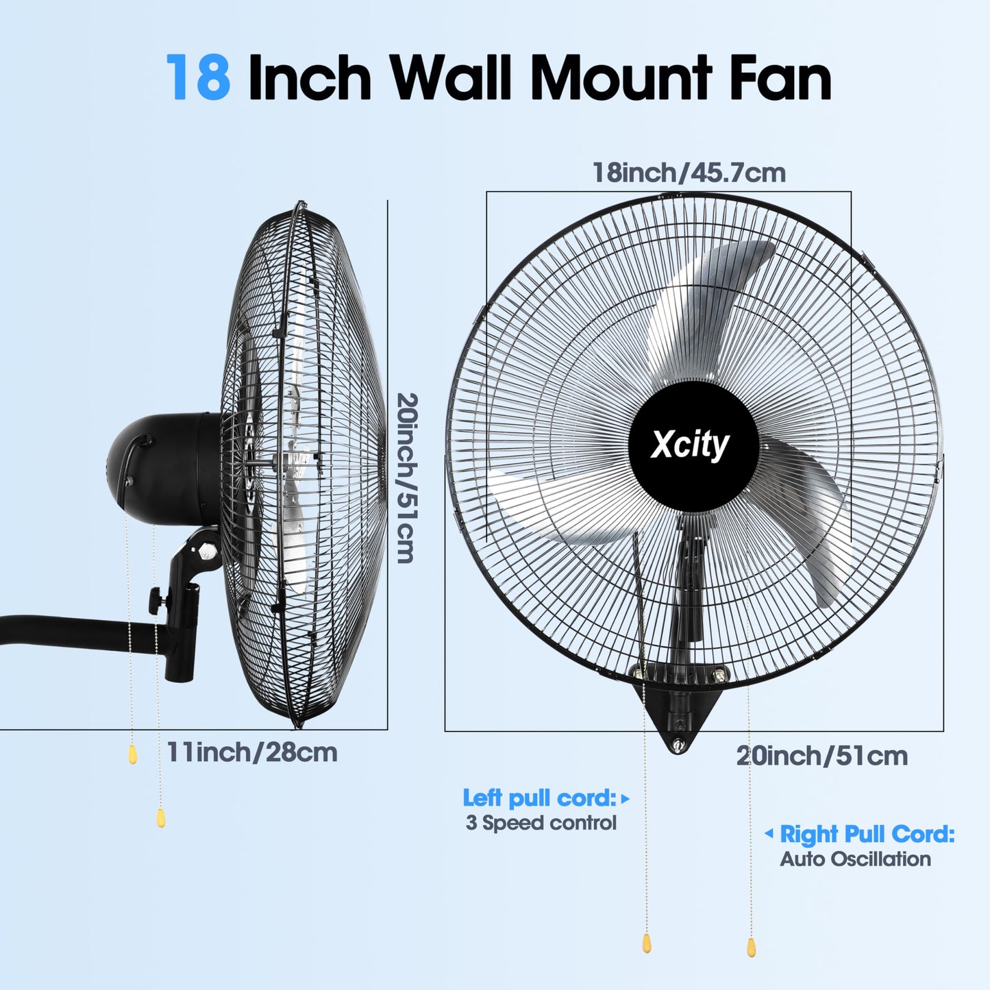 Xcity 18 inch Industrial Wall Mounted Oscillating Fan, 3-Speed, High Velocity, Max 4200 CFM, Adjustable Tilt, Heavy Duty Metal Outdoor Fans for Patio