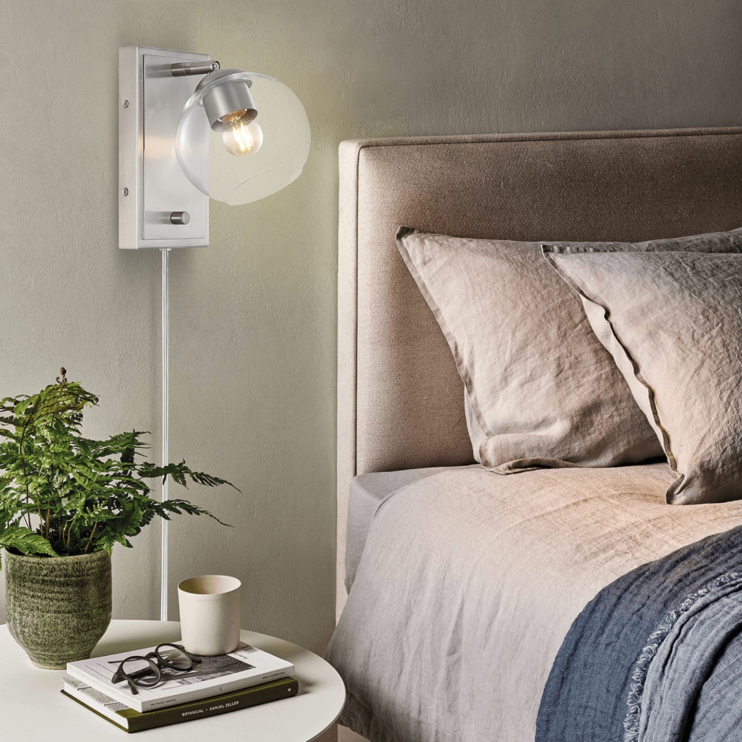 JONATHAN Y 6" Nickel 1-Light with Clear Globe Modern Wall Sconce, Plug-in or Hardwired LED Adjustable Wall Light with Dimmer Switch, Clear Glass Globe