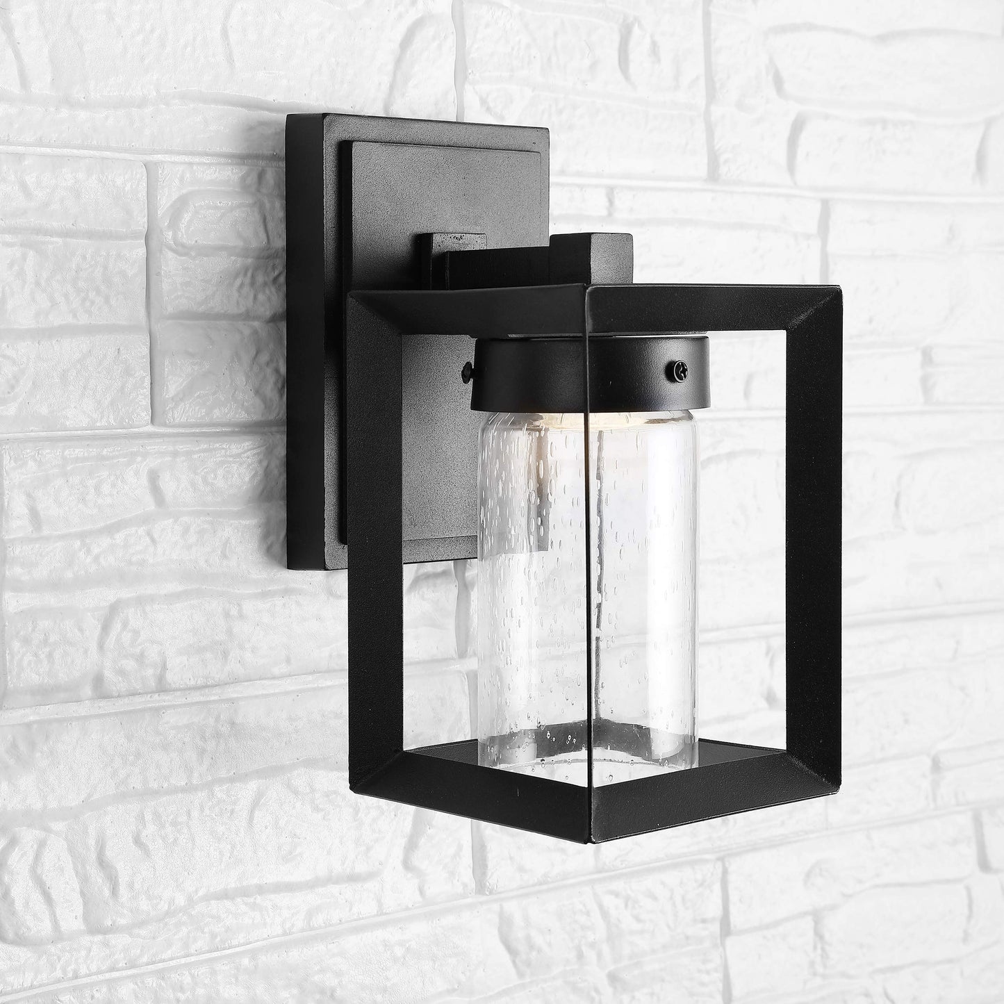 JONATHAN Y 9.75" Black 1-Light Iron and Seeded Glass Outdoor Wall Sconce, Modern Cube Design for Entryway Porch or Patio, Farmhouse Industrial, ETL