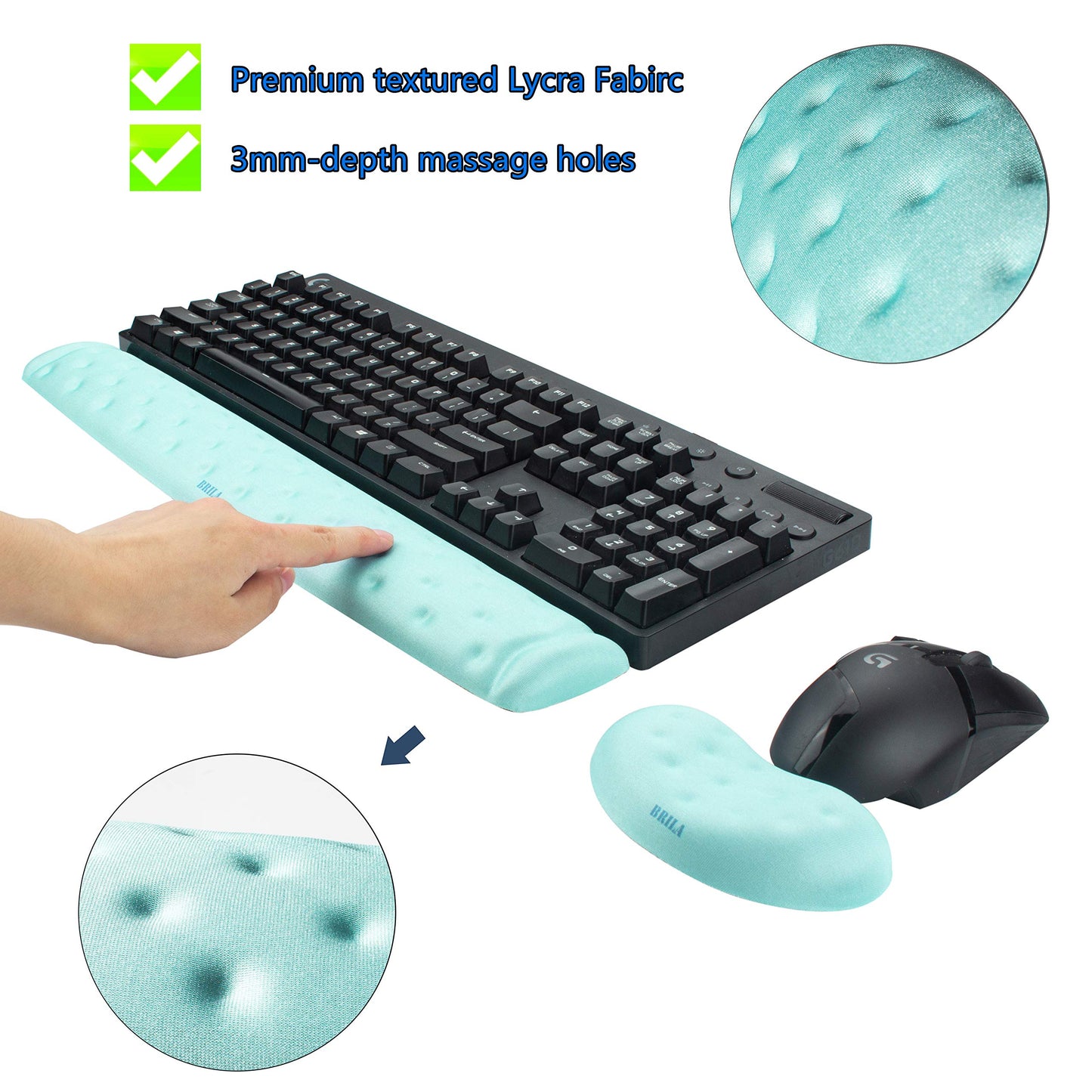 BRILA Memory Foam Mouse & Keyboard Wrist Rest Support Pad Cushion Set for Computer, Laptop, Office Work, PC Gaming - Massage Holes Design - Easy