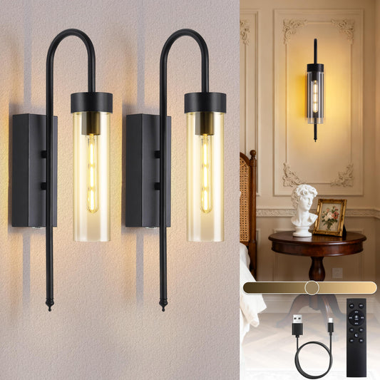 Battery Operated Wall Sconces Set of 2, 19" Dimmable Timer Remote Black Rechargeable Wireless Modern Wall Lights with Clear Glass, Wall Decor Fixtures