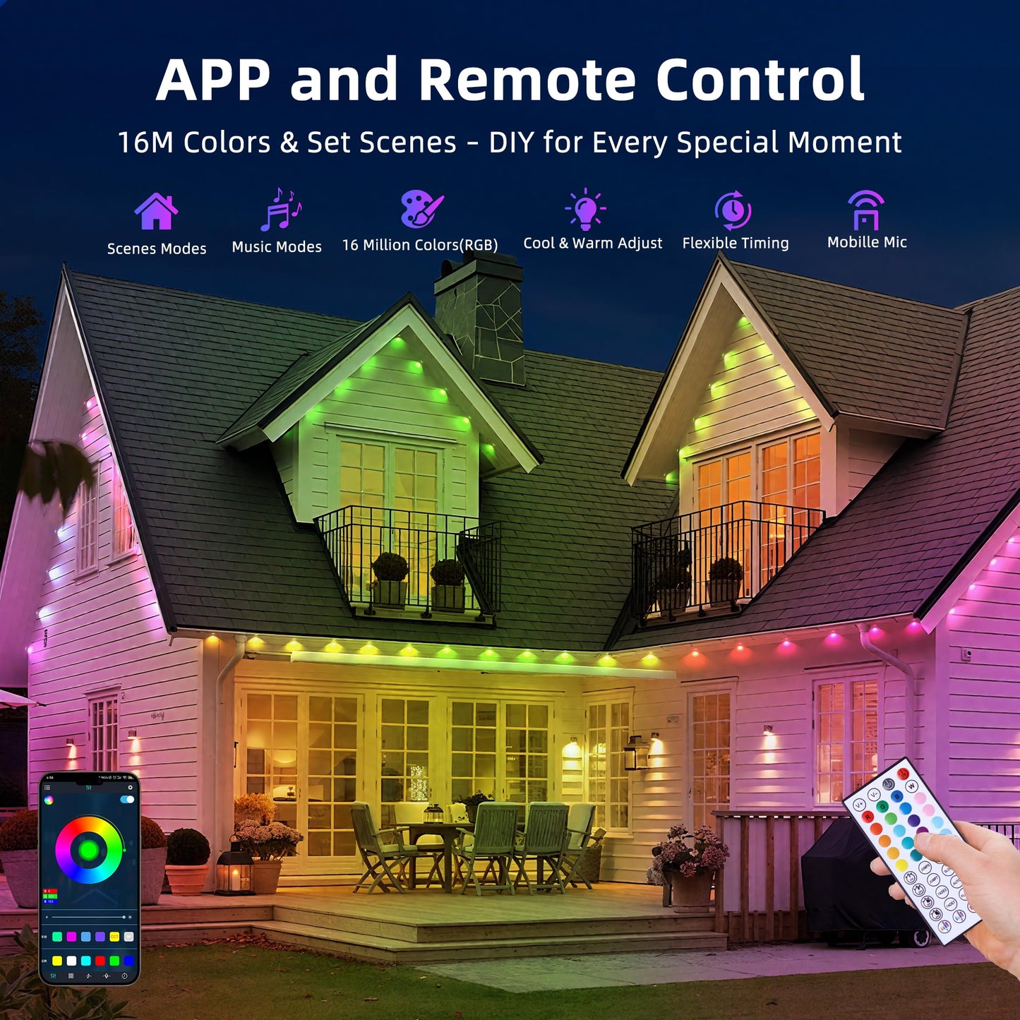 MaweMe 150FT Permanent Outdoor Lights for House,RGB LED Eaves Lights with IP67 Waterprooff, Smart App Remote Control, Music Sync, for Christmas,Daily