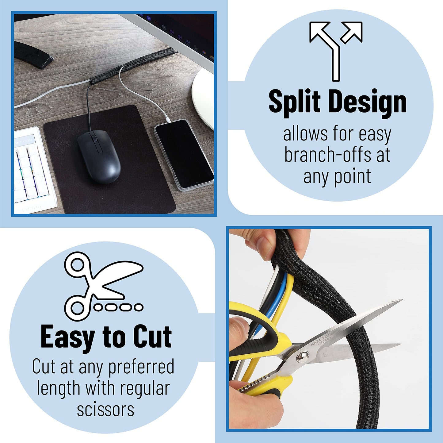 Bates 1/2 inch 10ft Long Cable Management Sleeve - Split Sleeve Wire Wrap, Secure Cord Protection