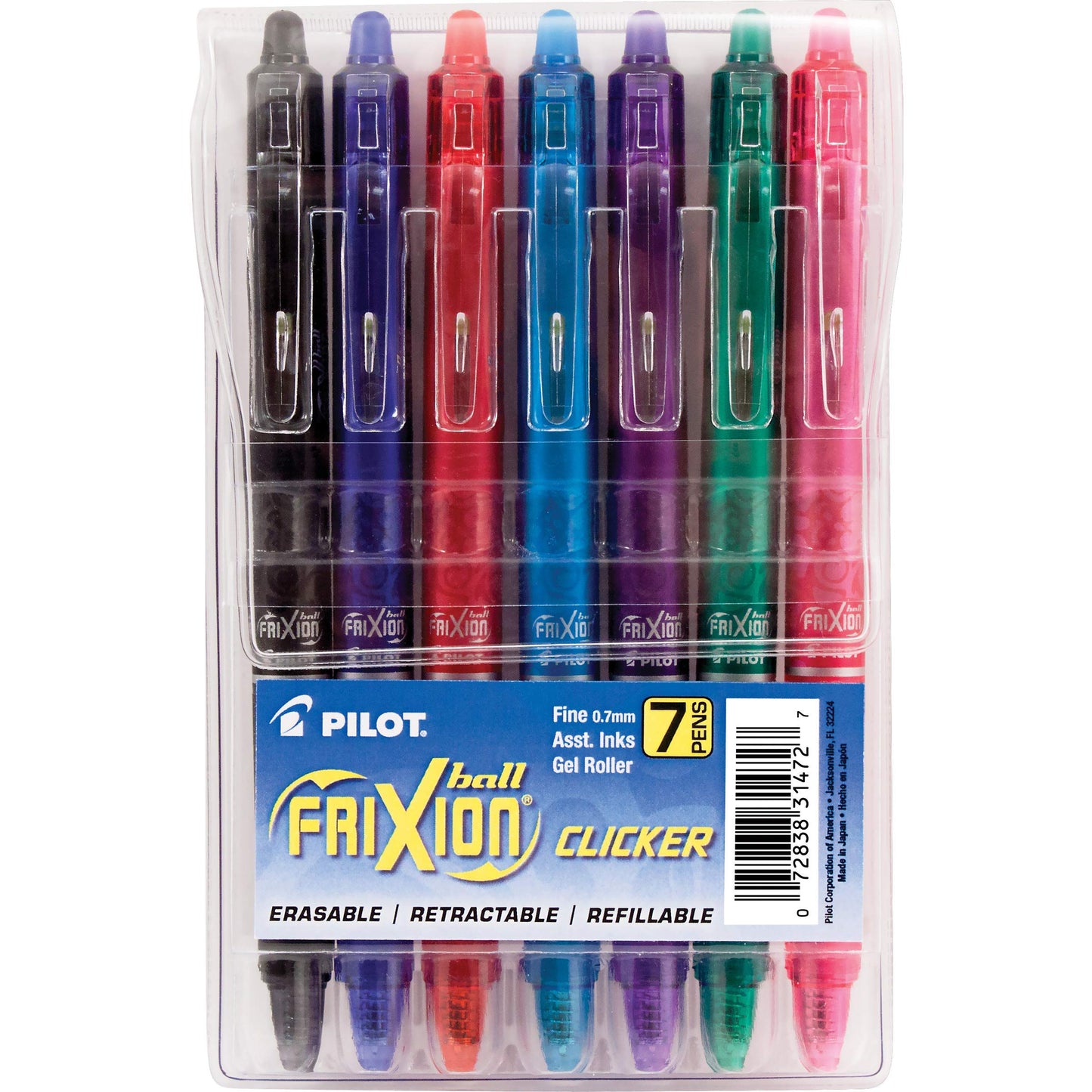 Pilot FriXion Clicker Erasable, Refillable & Retractable Gel Ink Pens Fine Point, Erasable Pens, Fine Tip 0.7mm, 7 Count (Pack of 1) Pouch