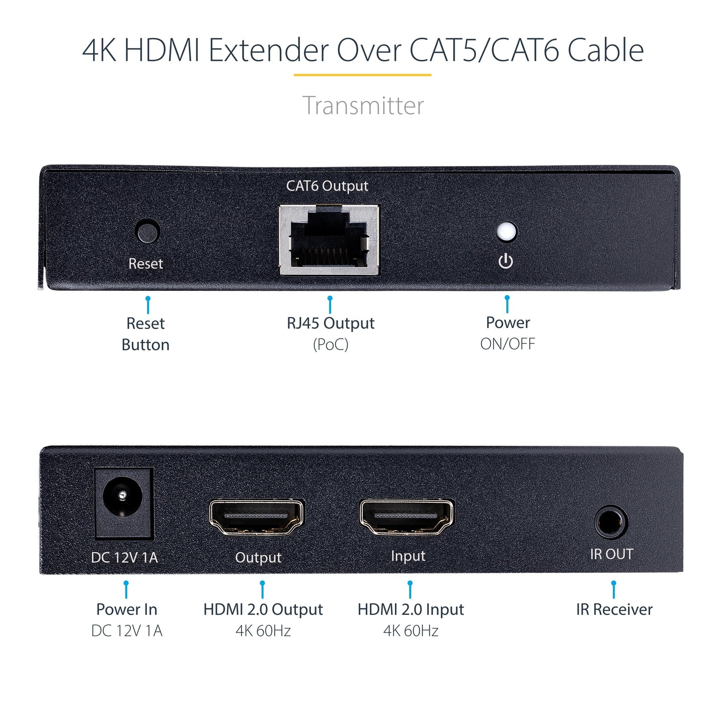 StarTech.com 4K HDMI Extender Over CAT5/CAT6 Cable, 4K 60Hz HDR Video Extender Up to 230ft (70m), HDMI Over Ethernet Cabling, S/PDIF Audio Out, HDMI
