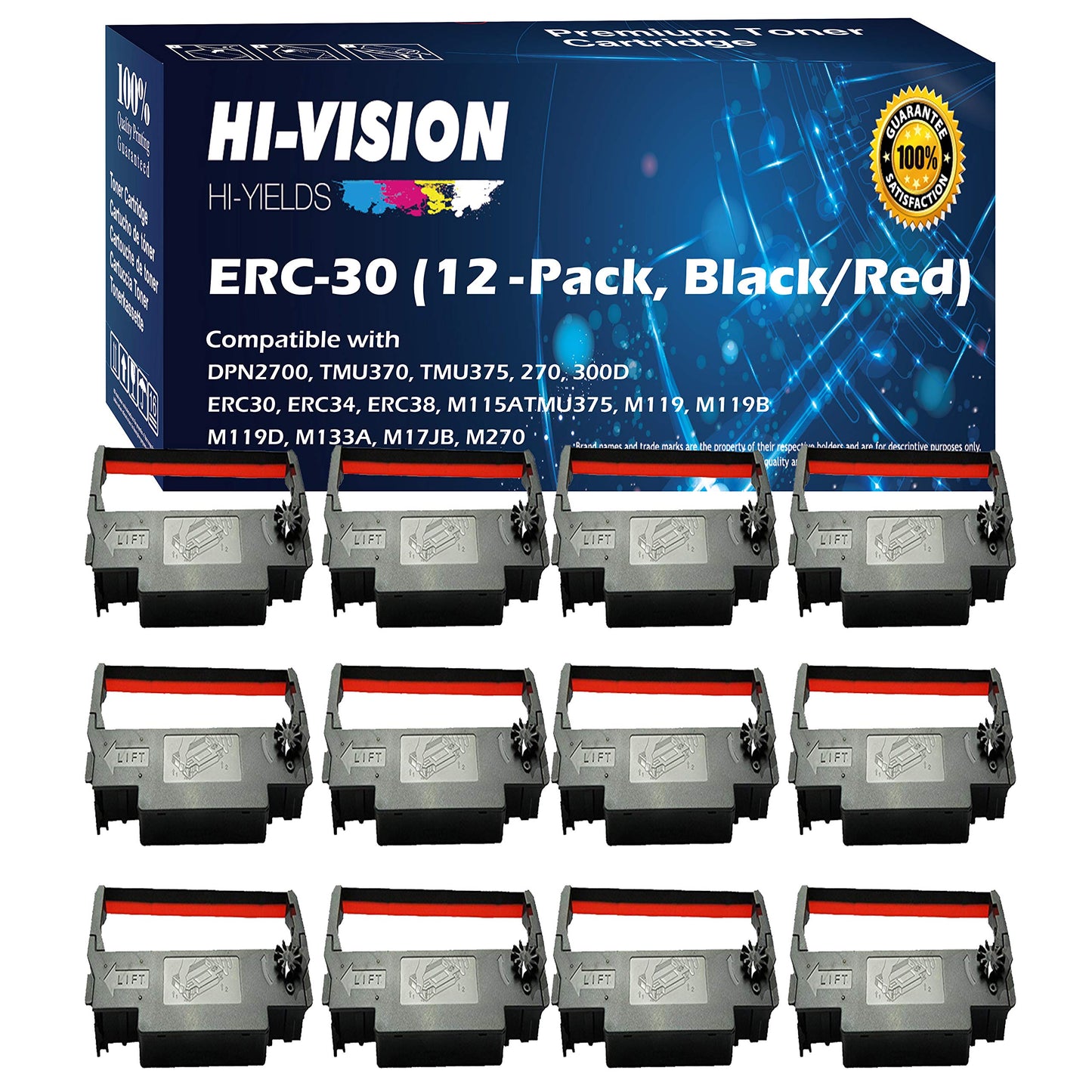 HI-VISION HI-YIELDS 12-Pack Compatible ERC-30 (Black/Red) Ink Ribbon Replacement for Epson M119 M119B M119D M133A M270 M52JB IT-U375 TM-200 TM-260