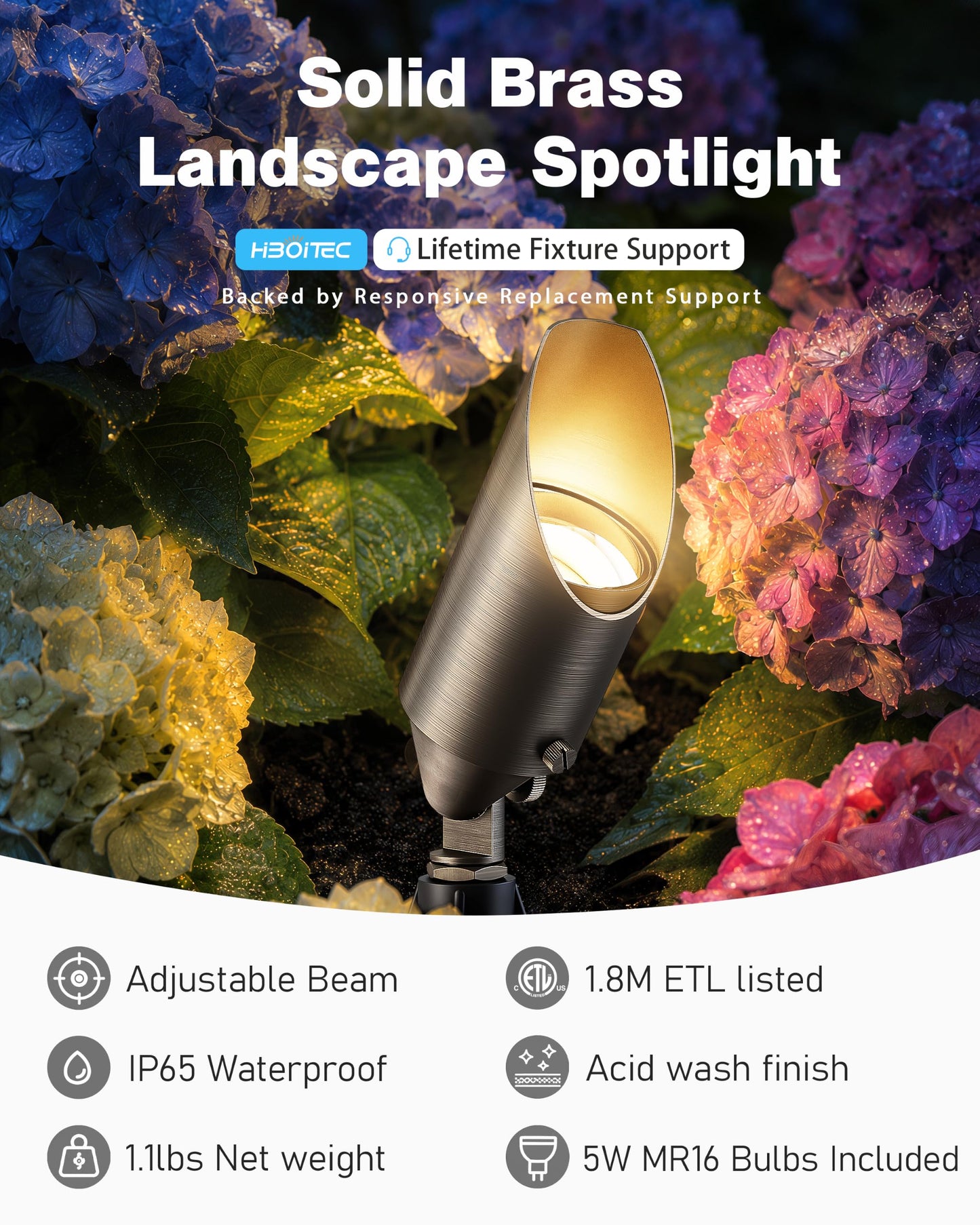 HIBOITEC Solid Brass Outdoor Landscape Spotlights, 12V Heavy Duty Low Voltage Landscape Lighting, LED Spot Light Fixture Waterproof, Classic Bronze