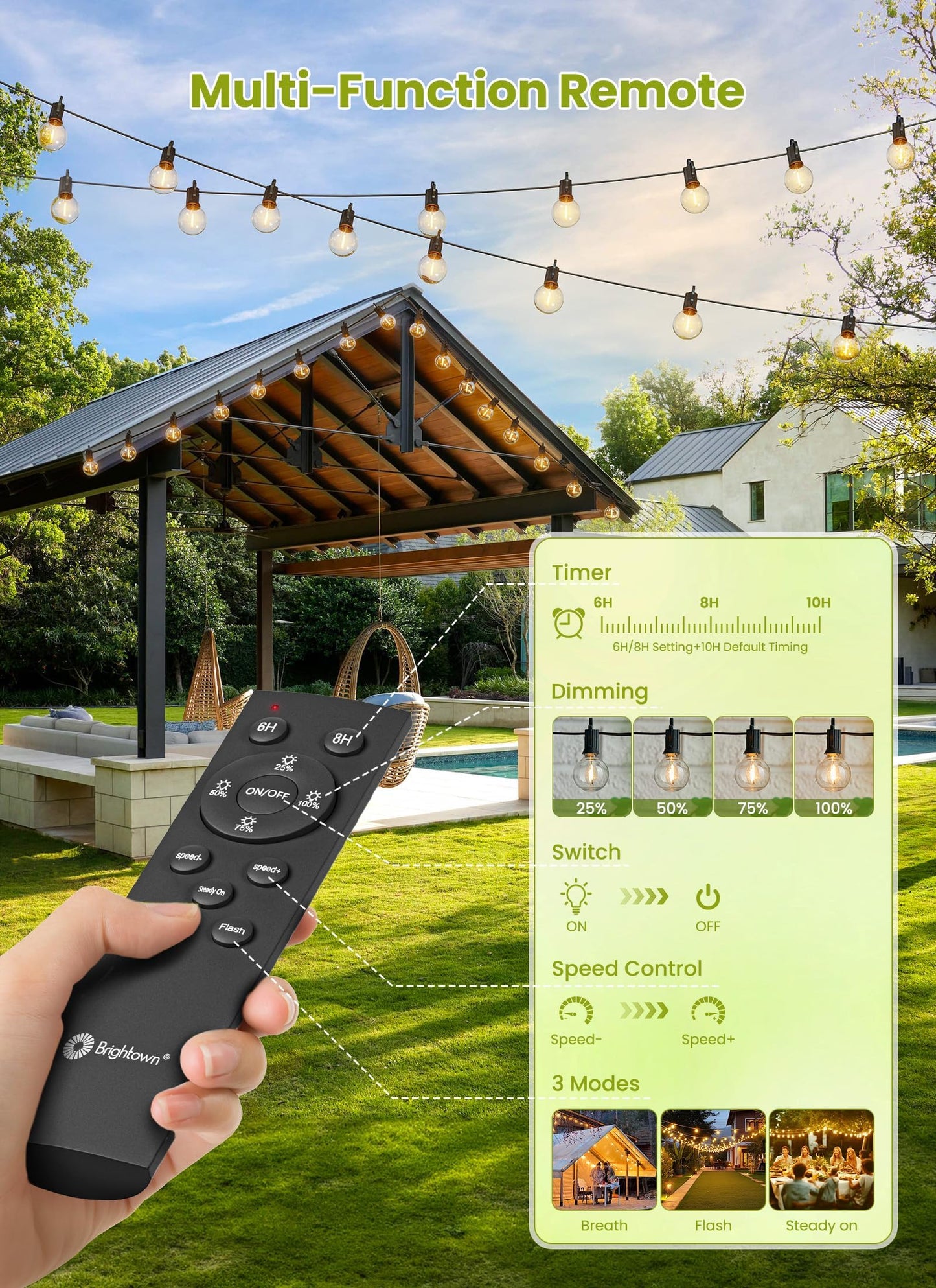 Brightown 58FT Solar String Lights Outdoor with Remote Cable Ties Hooks, 26 LED Shatterproof Bulbs, 3 Light Modes, Dimmer & Timer, Commercial Grade