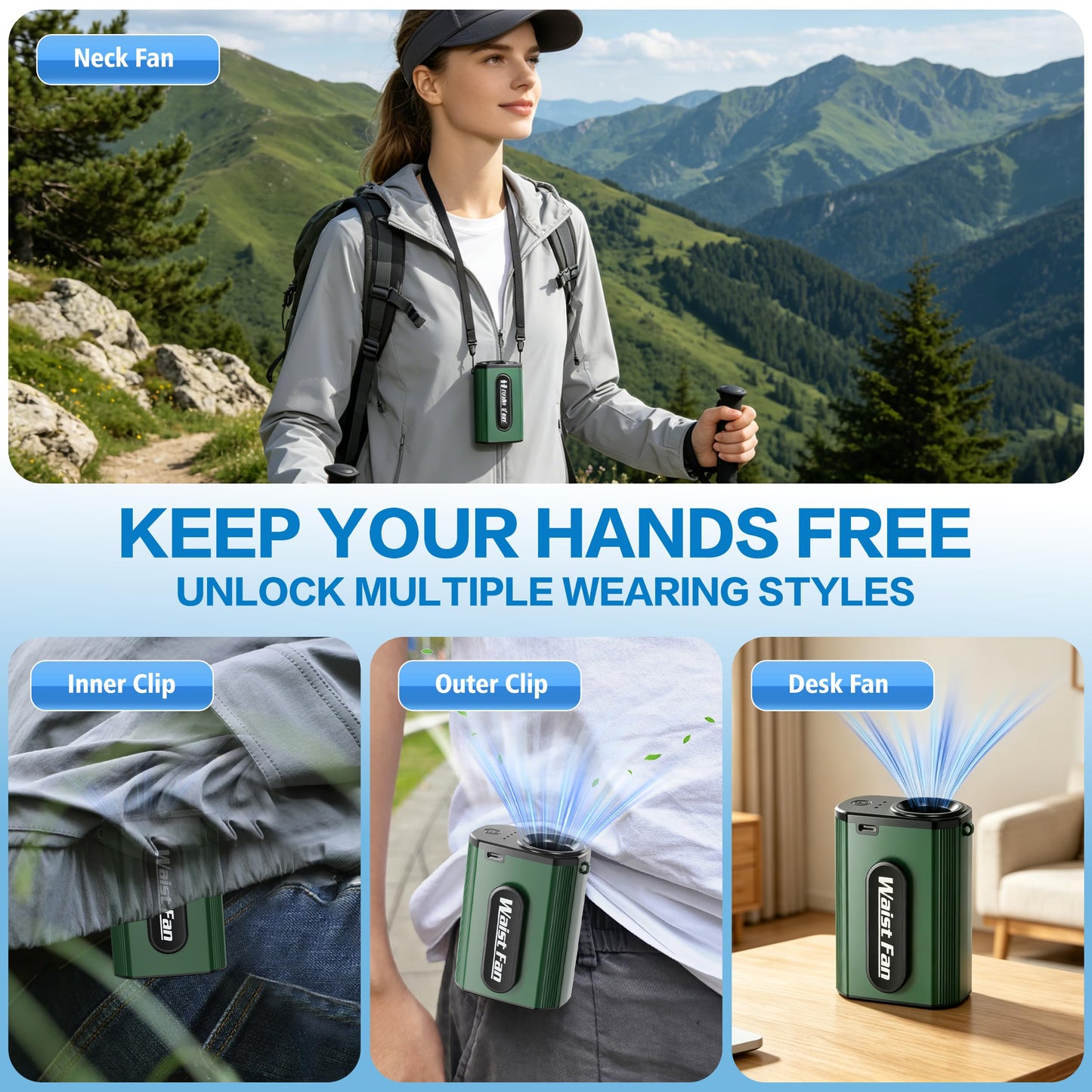 Waist Fan Portable Clip on 17500RPM, Lightweight Belt Fan Rechargeable, Hands Free Personal Cooling Mini Neck Fan for Men Women Outdoor Jobsite